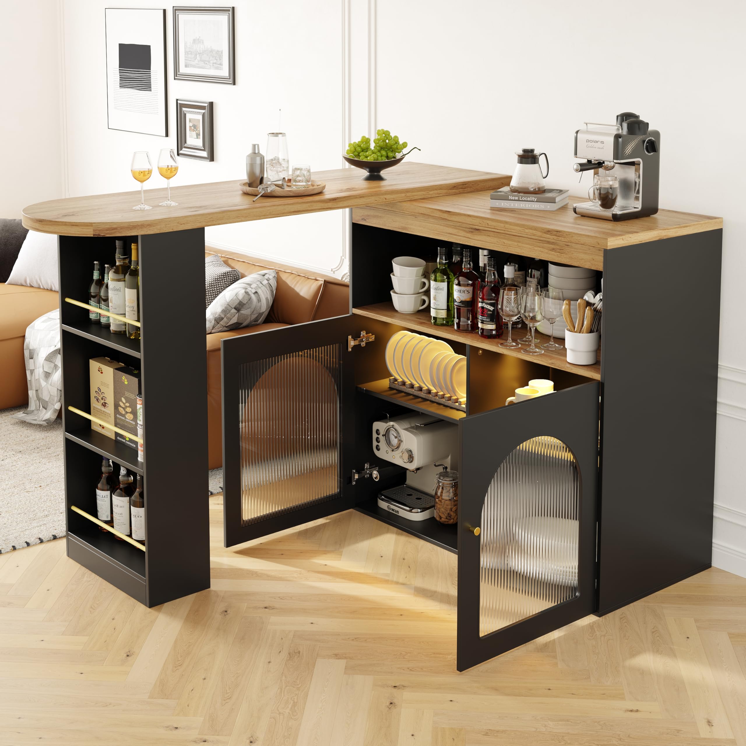 SogesHome Mesa de bar, mesa de comedor, estilo buffet, moderna, extensible, giratoria, mesa de bar, mesa de bar, mesa alta con espacio de almacenamiento y tira de luz LED de 1 m de largo para comedor