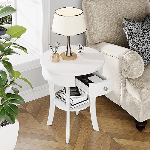 Miniatura 2 de Giantex Mesa auxiliar redonda con cajón mesa auxiliar de madera de 2 niveles con estante abierto mesa auxiliar de sofá pequeño para espacios