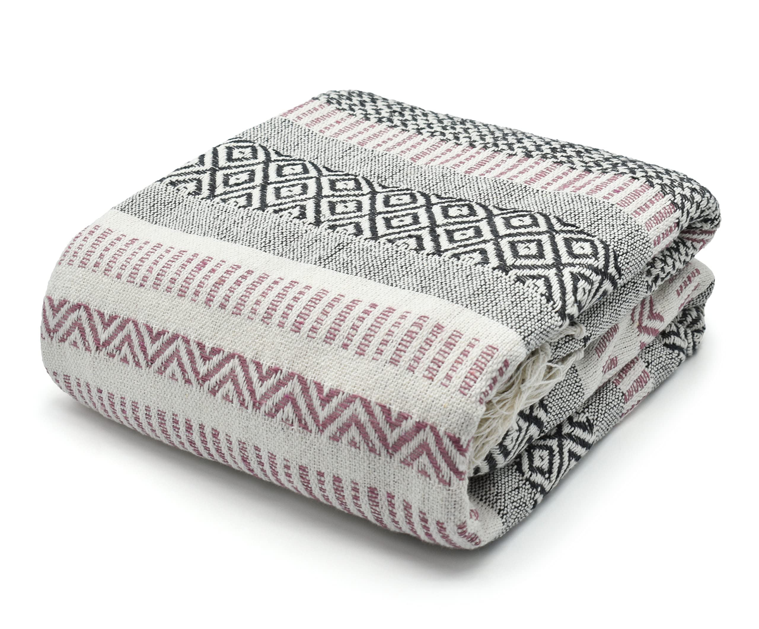 Velosso 100% Recycled Cotton Throws for Sofas, Pink & Grey Throw for Bed, Aztec Pattern Cotton Blanket with Tassels, Sofa Throws Large 3 Seater (229cm × 254 cm)