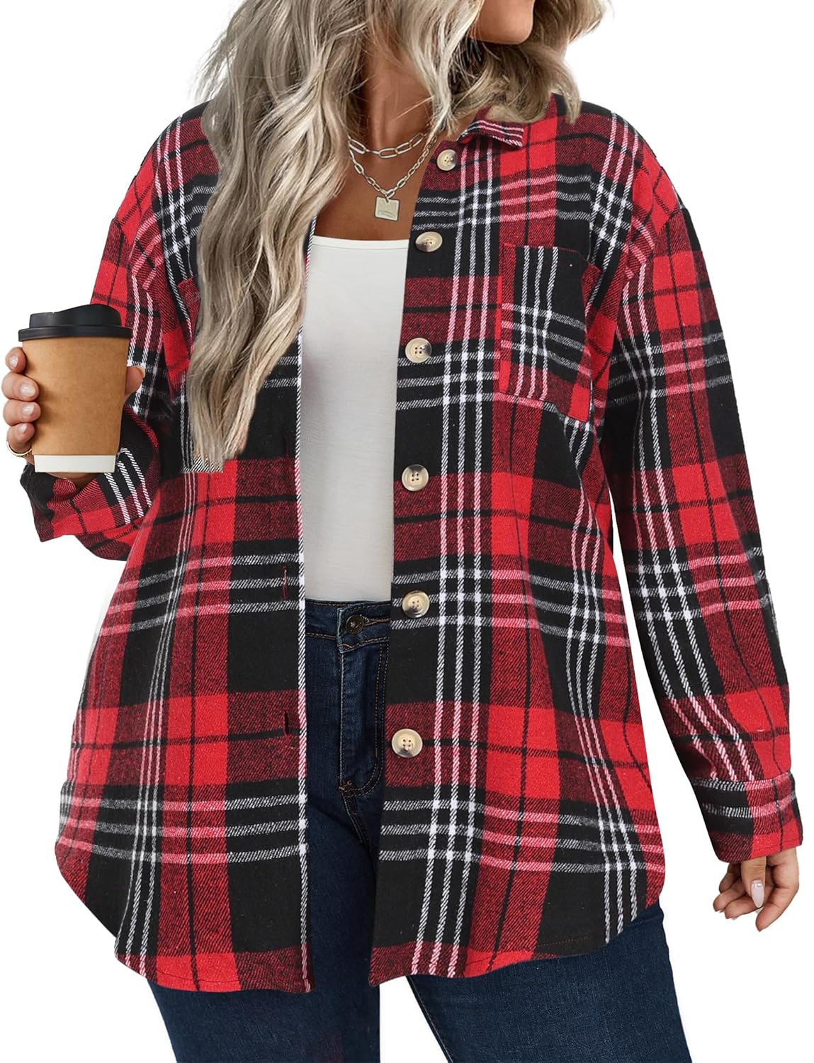 IN'VOLAND Women's Plus Size Plaid Shacket Long Sleeve Button Down Flannel Shirts Casual Jacket Coats