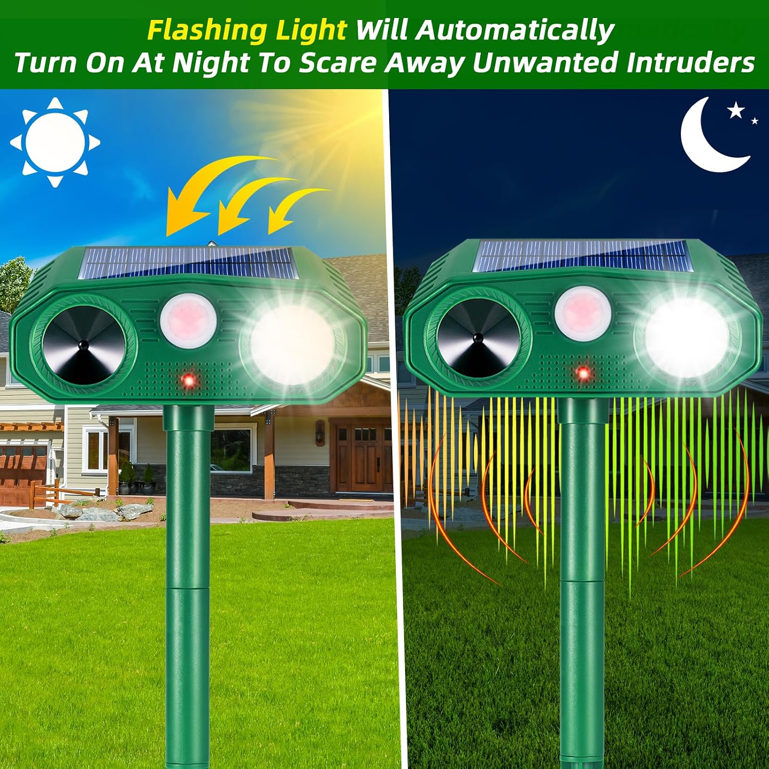 2026 Solar Ultrasonic Animal Repellent, Motion Activated Deer Repellent Devices with Flash Lights, Cat Squirrel Rabbit Dog Raccoon Deterrents, Waterproof Sonic Animal Repeller for Yard & Garden 2 Pack