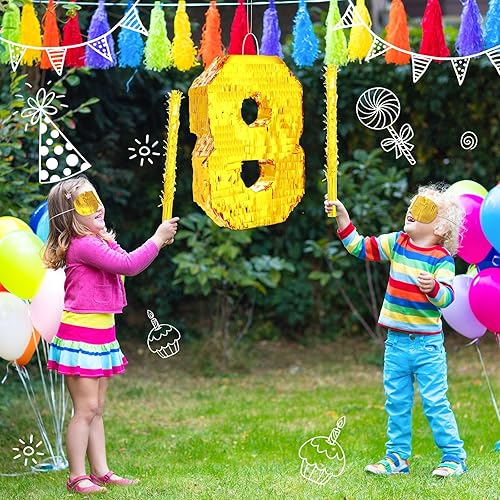 Miniatura 5 de Piñata de número de lámina dorada de 16 x 11 x 3 pulgadas, piñata pequeña con palo de 15.7 pulgadas, confeti dorado para niños, niñas, decoraciones