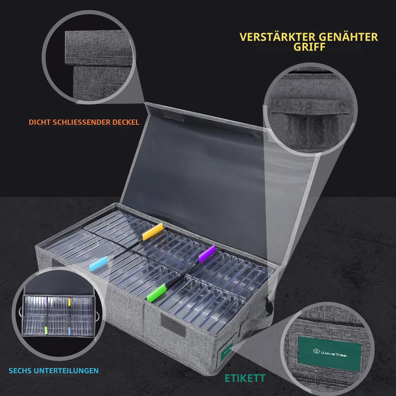 Kassetten-Aufbewahrungsbox, 3 Stück, robuster Kassettenhalter, 41 x 24 x 8 cm, Kassettenregal mit Deckel und Index-Etiketten zur Aufbewahrung von 144 Kassettenhüllen, Grau