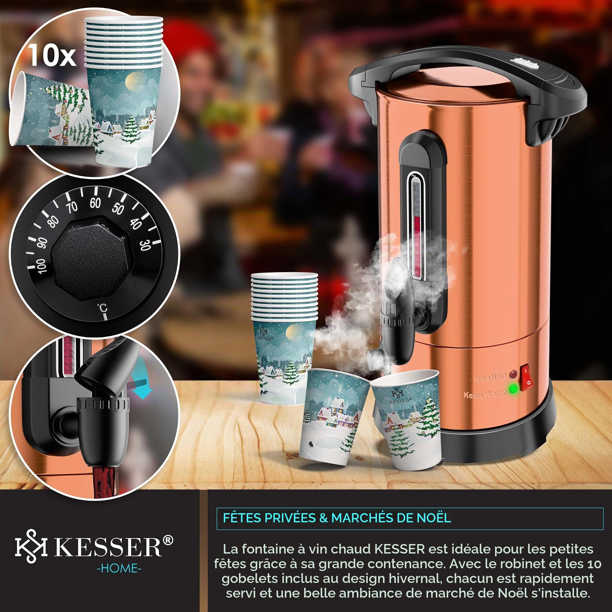 KESSER Bouilloire à vin chaud 6,8/10/20/30 l en acier inoxydable avec gobelet, bouilloire à vin chaud avec thermostat, distributeur d'eau chaude, indicateur de niveau de remplissage, robinet