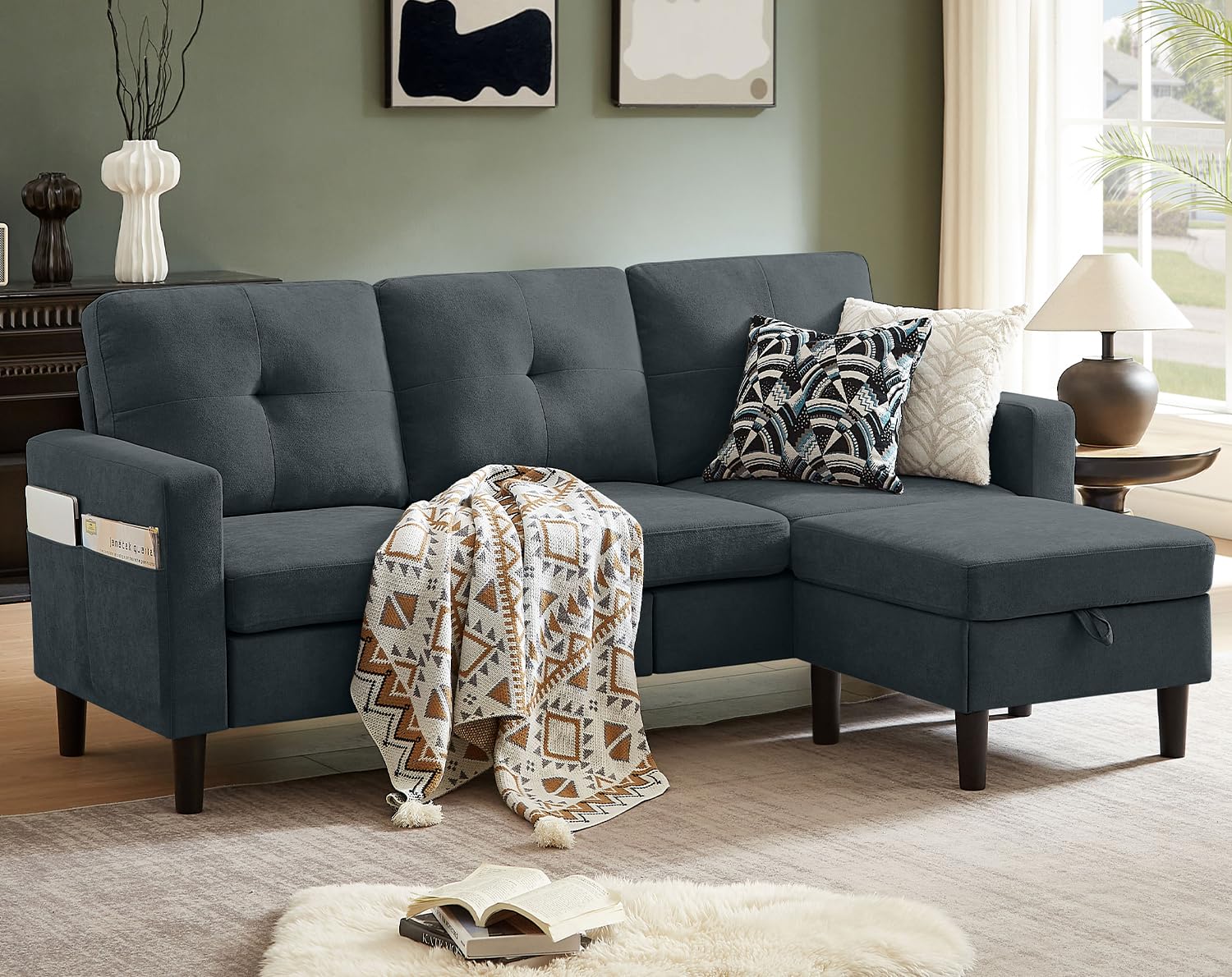 Sectional Sofa Couches for Living Room, Modular 3 Seats Sectional Sofas L Shaped Couch with Storage and Reversible Chaise, Linen Fabric, 79" (Dark Grey)