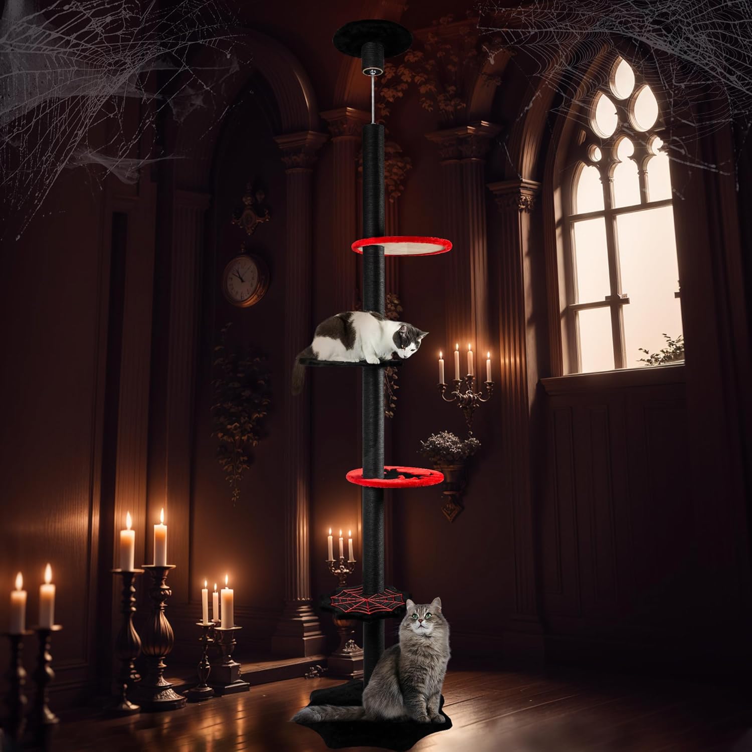 review KAMABOKO Gothic Cat Tree, Floor to Ceiling Cat Tower Ajustable Height [96.8-108.3 Inches], 5 Tiers Black Cat Tower with Scratching Posts for Indoor Large Cats