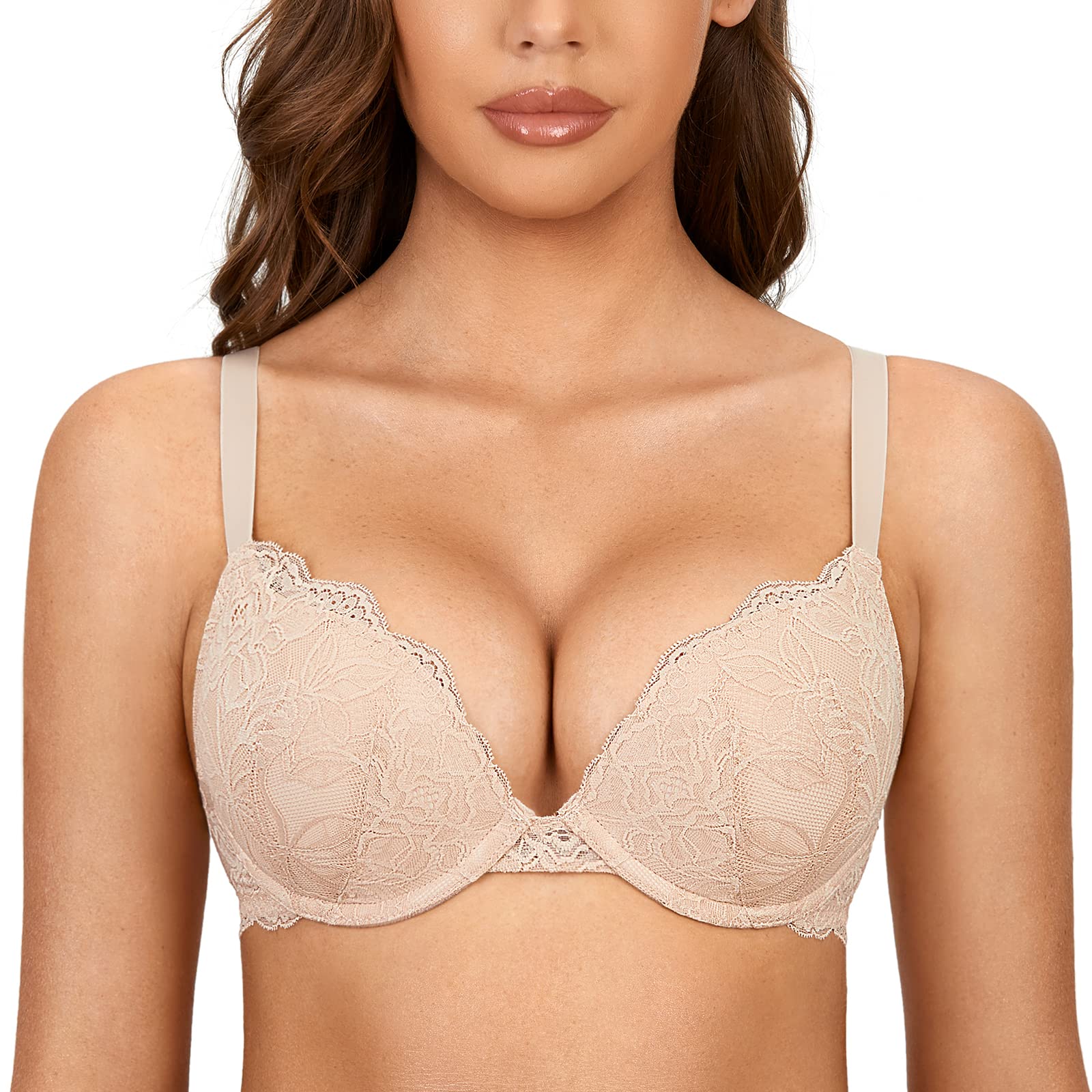 DOBREVAWomen's Push Up Bra with Lace Padded Plunge Underwire Full Cup Bra Moulded Cups