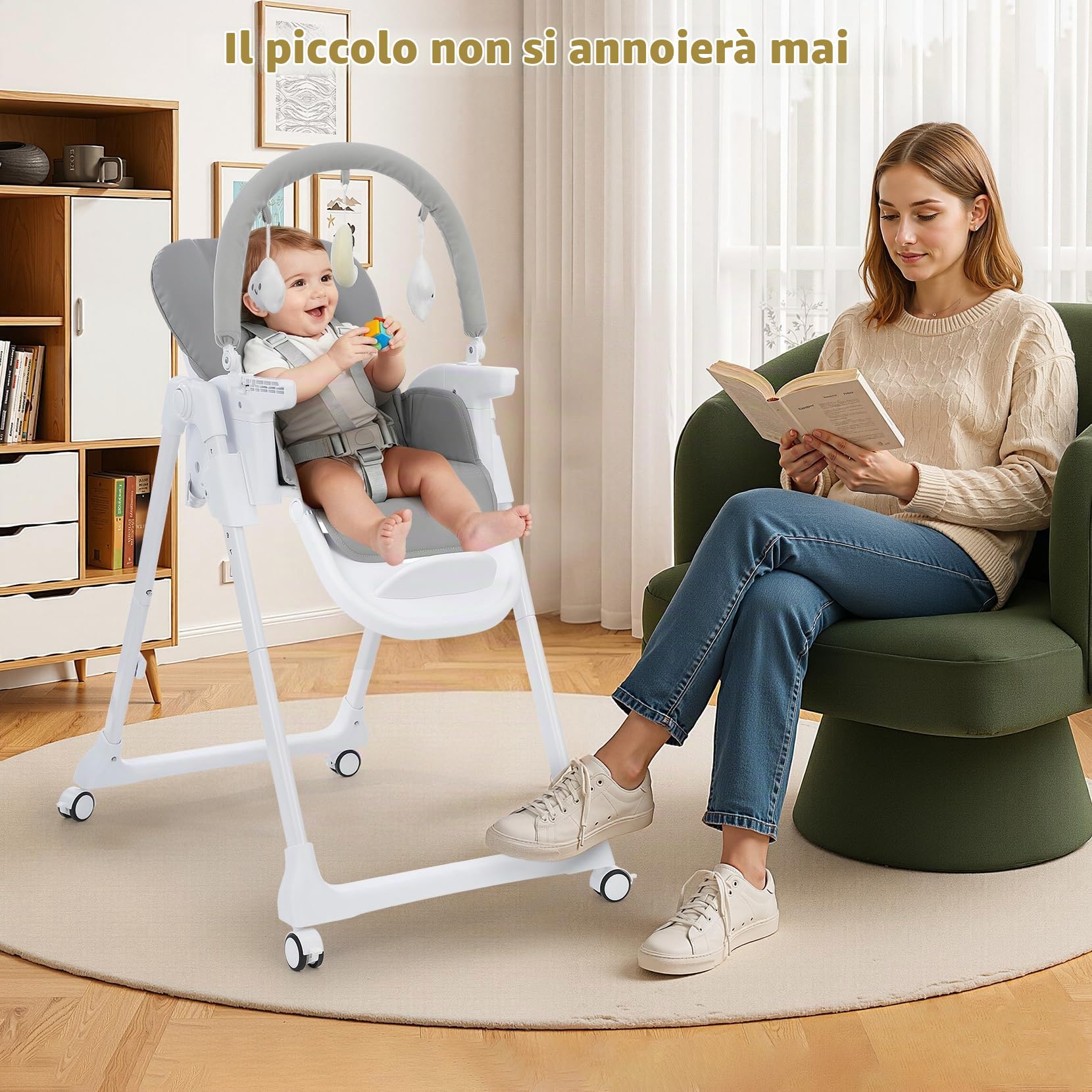Seggiolone Pappa 4 in 1 Pieghevole, Regolabile con Arco Giochi | 7 altezze, arco giochi, funzione rialzo, doppio vassoio, seduta PU, pieghevole