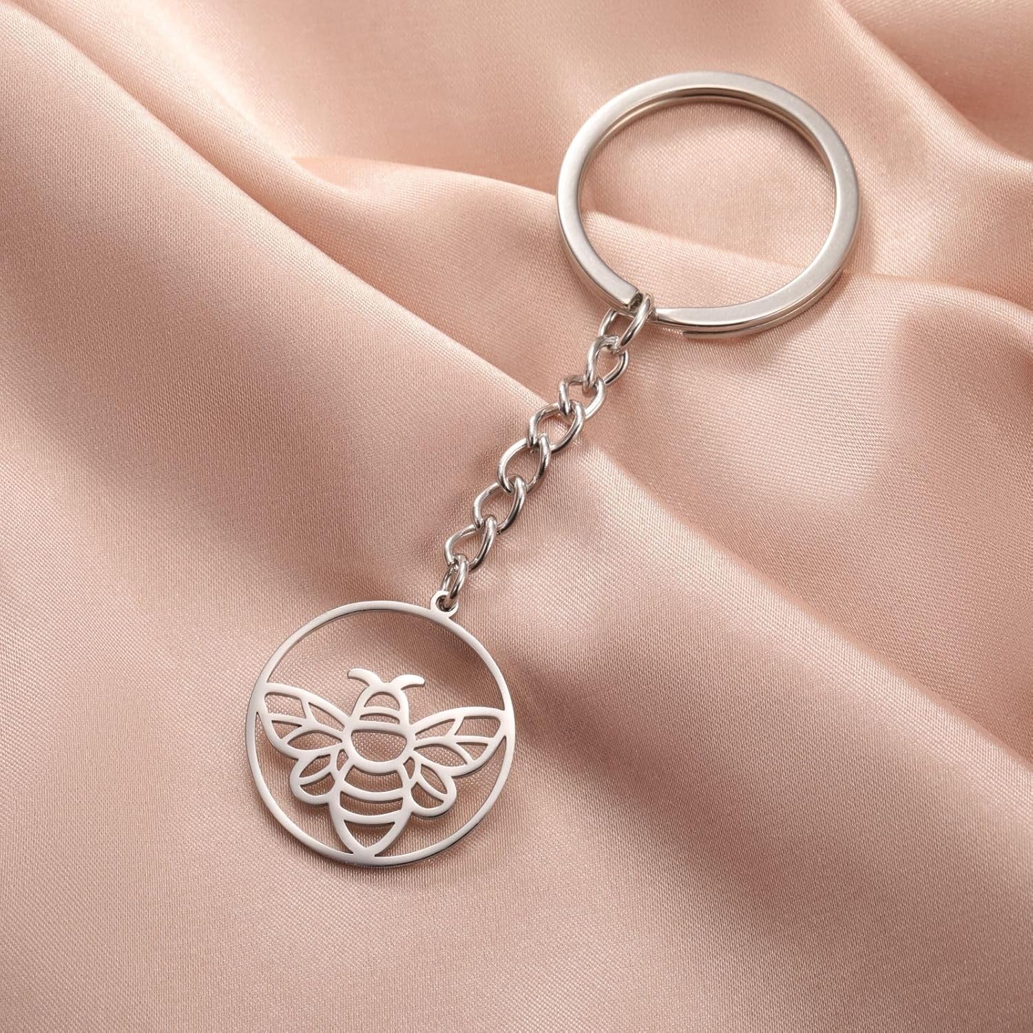 Stainless Steel Honey Bee Keychains Gifts Round Insect Keyring Purse Handbag Accessories Charms for Women - Image 5