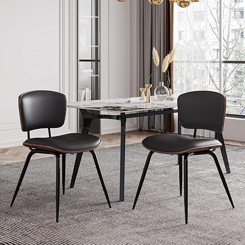 Miniatura 11 de AQG Juego de 2 sillas de cocina color beige, sillas de comedor modernas de mediados de siglo, sillas de comedor de cuero con respaldo de madera