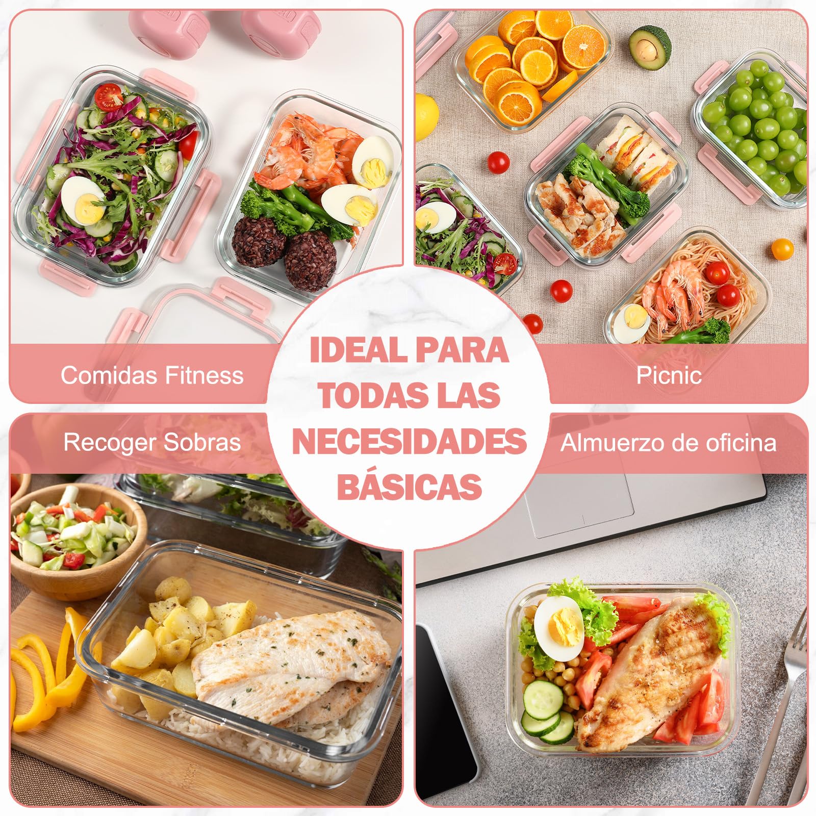 YASHE 10 Piezas Recipientes de Vidrio con Tapas Herméticas, Reutilizables, Apto para Microondas, Horno, Congelador y Lavavajillas, Sin BPA, Fiambrera Cristal, Rosa