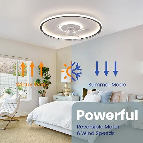 Miniatura 5 de Ventilador de techo de montaje empotrado de 20 pulgadas con luces y control remoto, 6 velocidades de viento, LED regulable para dormitorio,