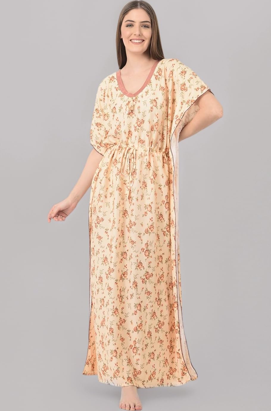 Women's Soft Cotton Kaftan Maxi Nightgown Nighty Nightdress Nightwear -V-Neck- Floral