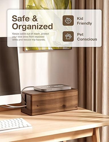 Miniatura 5 de Caja de gestión de cables grande de madera de acacia con borde redondo, caja de regleta de madera de 16 pulgadas de largo, caja protectora de