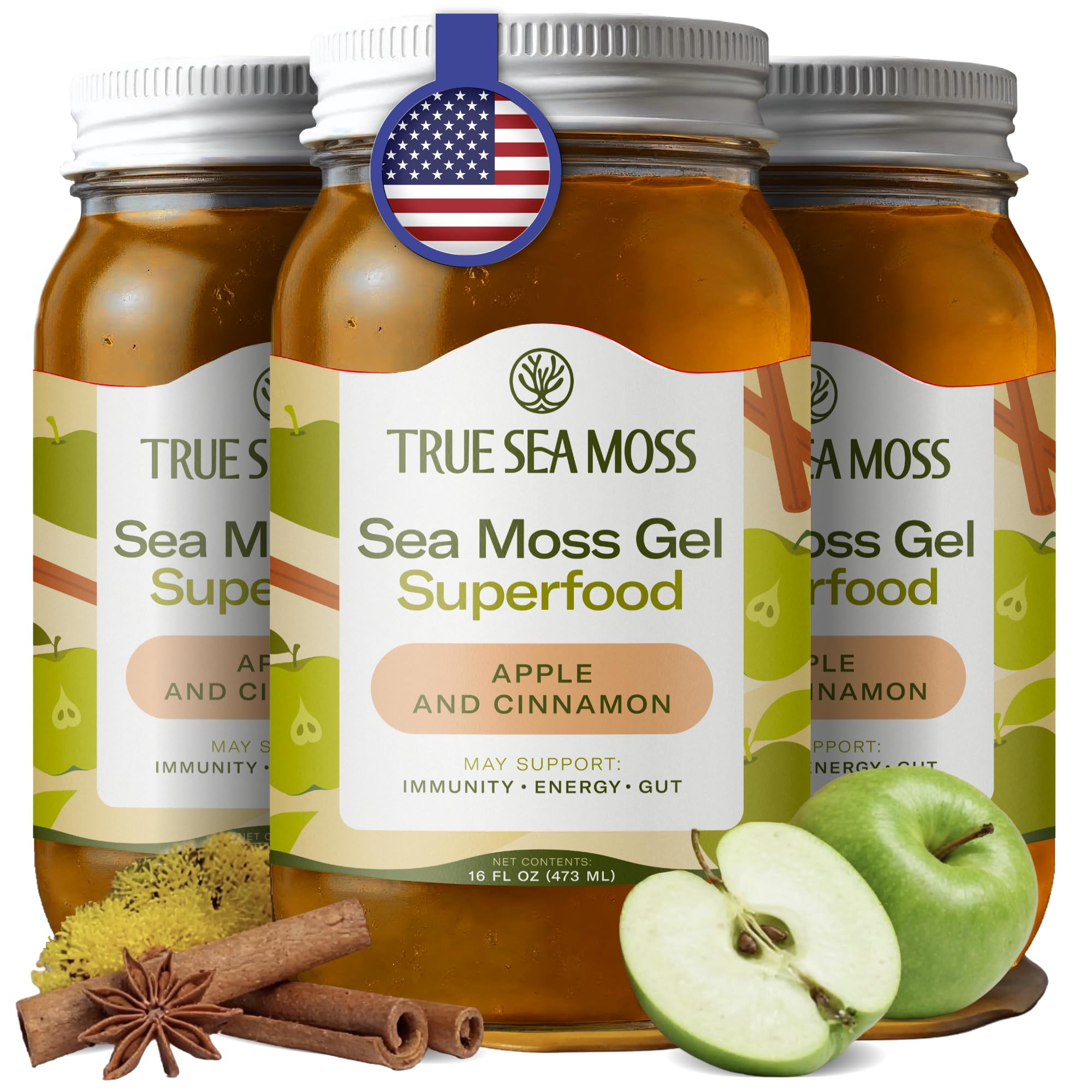 TrueSeaMoss Sea Moss Gel – Made in USA – Wildcrafted Seamoss, Fruits & Jarred Vegetables – Apple/Cinnamon, Pack of 3 (Labels may Vary)