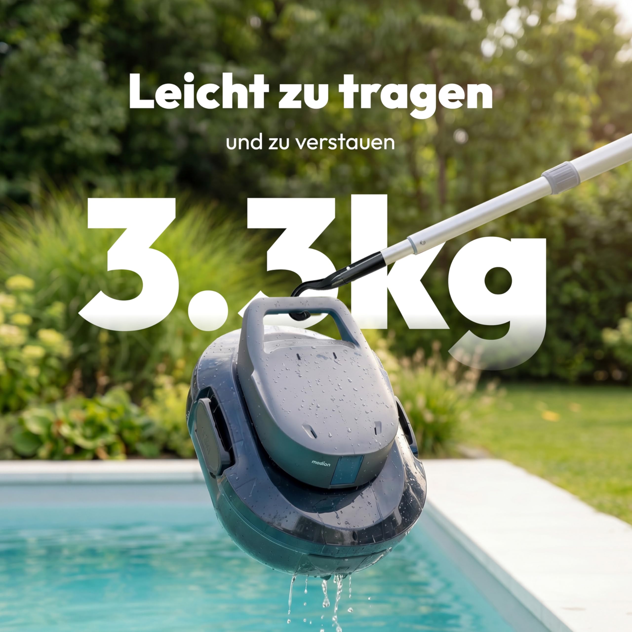 MEDION PR1 Poolroboter Akku, für Aufstellpool, Bodenreinigung für Pools, One-Click-Bedienung, Selbstparkfunktion, 120 Min Akkulaufzeit, 2,2 L Filterkapazität, für 80–100 m², inkl. Ladegerät & Haken