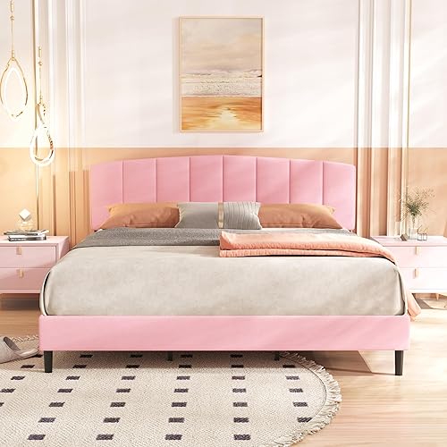alazyhome Marco de cama tapizado de plataforma rosa tamaño King con cabecera tapizada de terciopelo, listones de madera, soporte no necesita somier, disponible en Yaxa El Salvador