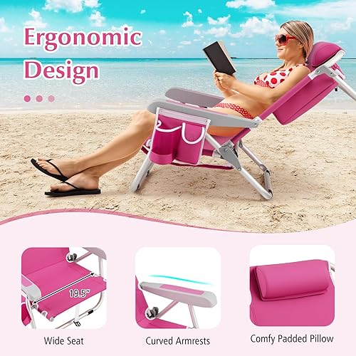 Miniatura 9 de GYMAX Silla de playa, tumbona mochila de 330 libras con respaldo de 5 posiciones, bolsa de almacenamiento, bolsillo lateral, barra de toalla y