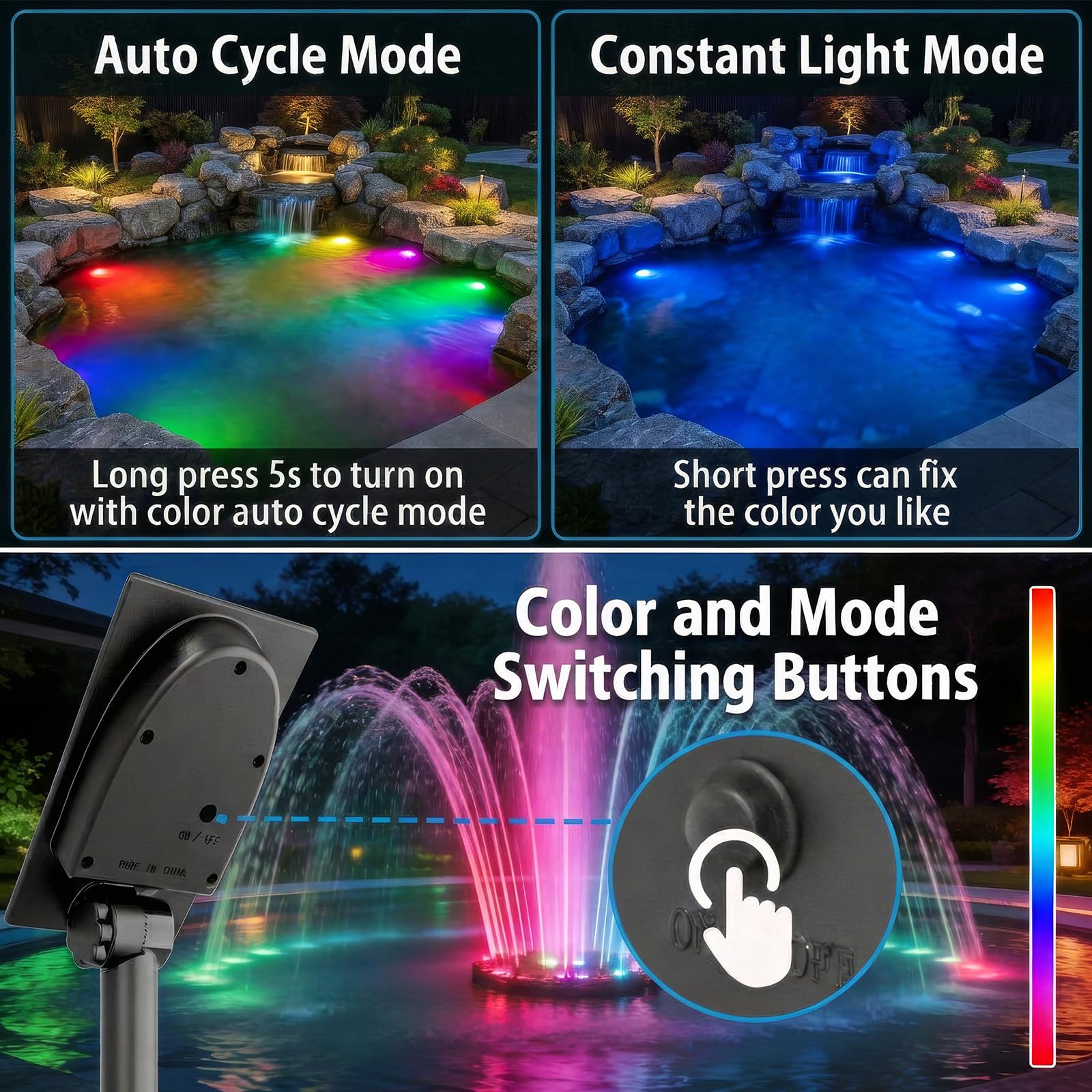 T-SUN Solar Teichbeleuchtung, RGB Solar Unterwasserstrahler LED Teich Licht Teichbeleuchtung mit IP68 wasserdicht, RGB-Farbwechsel Landschaftsscheinwerfer Gartenbeleuchtung für Garten, Patio, Baum