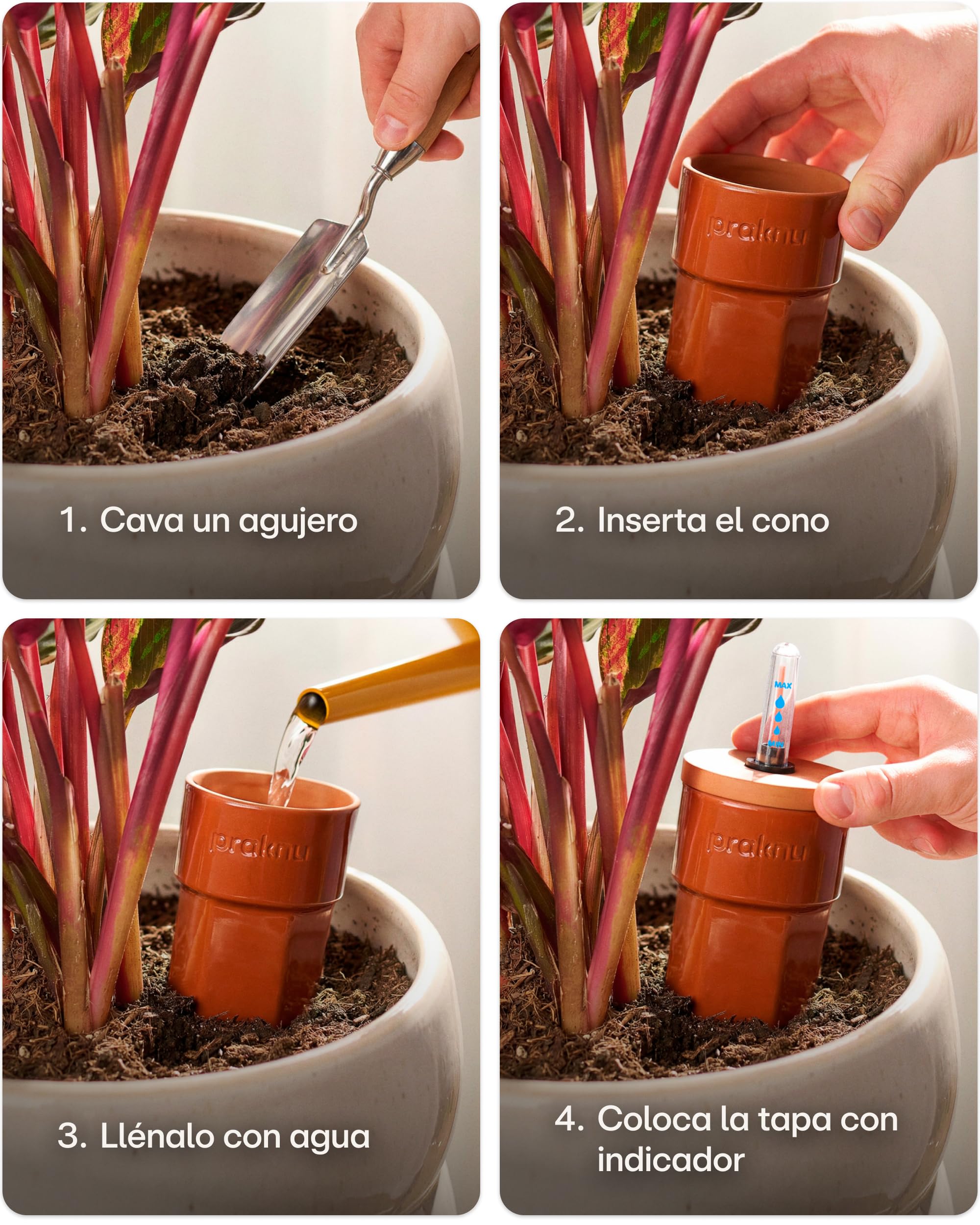 Praknu 3 x Conos de Riego de Terracota con Tapa e Indicador de Nivel de Agua – Hasta 10 Días de Riego Automático – Fácil Limpieza – Dispensador de Agua para Vacaciones