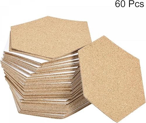 Miniatura 3 de uxcell 3.937x3.346x0.039 in Posavasos Hexágono Corcho Copa Mat Pad Adhesivo Respaldo 60pcs