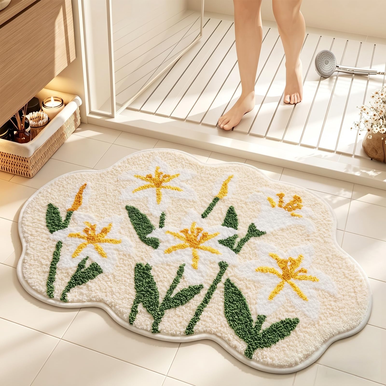 Cloud-Shaped Lily Bath Mat, Soft Non-Slip Fluffy Fresh Flowers Bathroom Rug