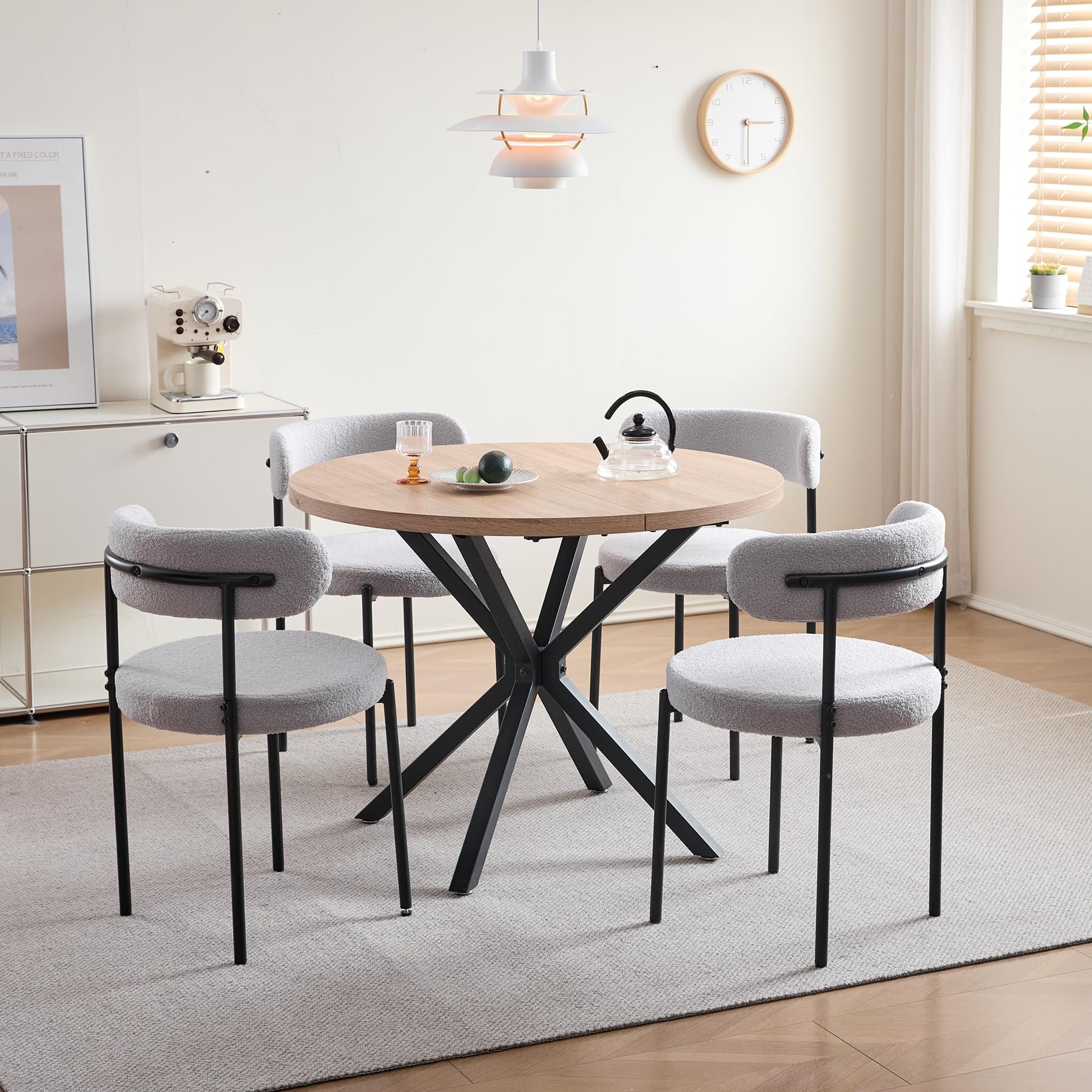 GrandCA HOME Set Tavolo e Sedie, Tavolo Rotondo da 100 cm + 4 Sedie Imbottite, Adatto per 4-6 Persone, (Marrone Chiaro e Grigio Chiaro)
