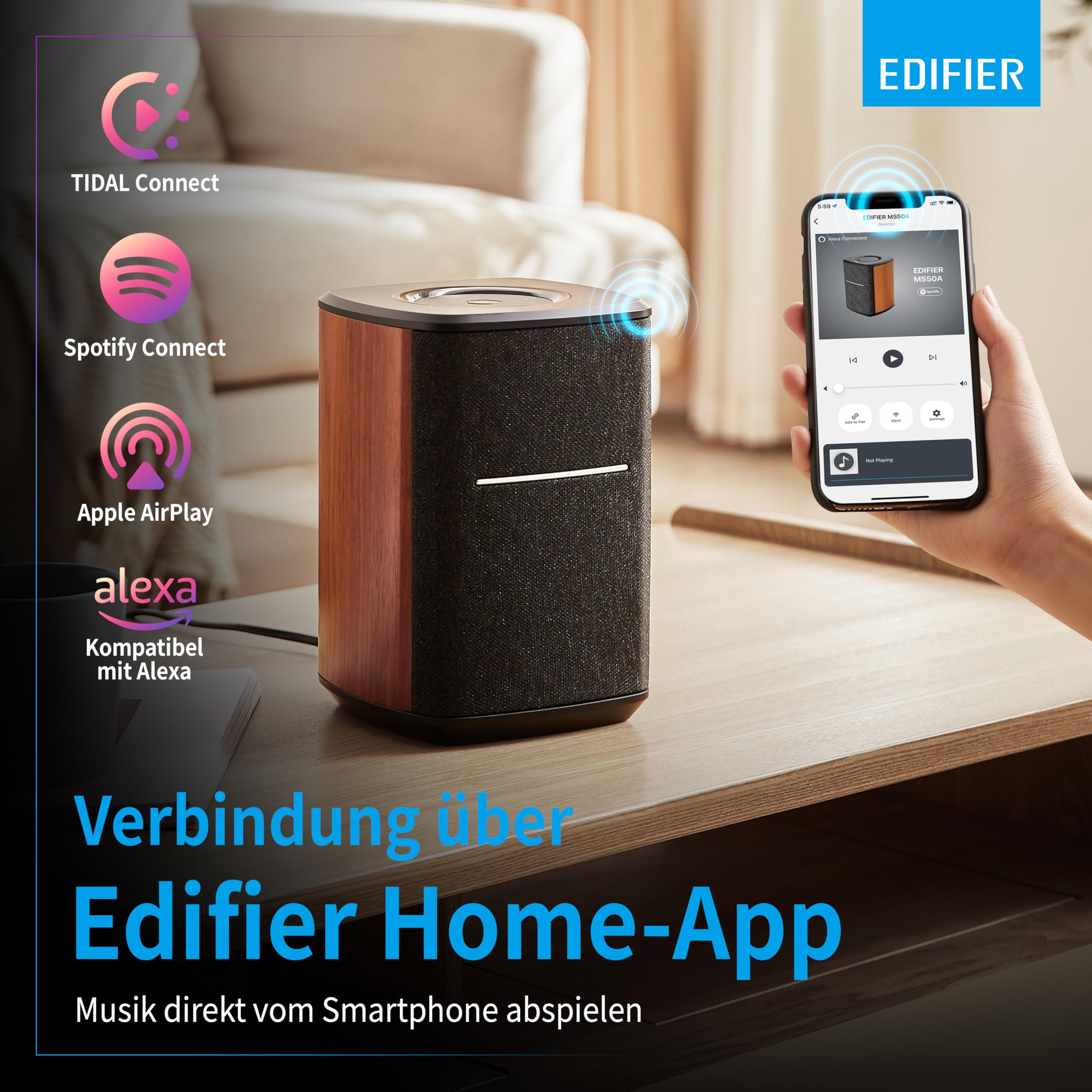 EDIFIER MS50A - Multiroom-fähiger WiFi Smart Speaker mit Bluetooth und kabelloser Stereo-Funktion. Funktioniert mit Amazon Alexa, Apple AirPlay 2, Spotify u.v.m., Braun