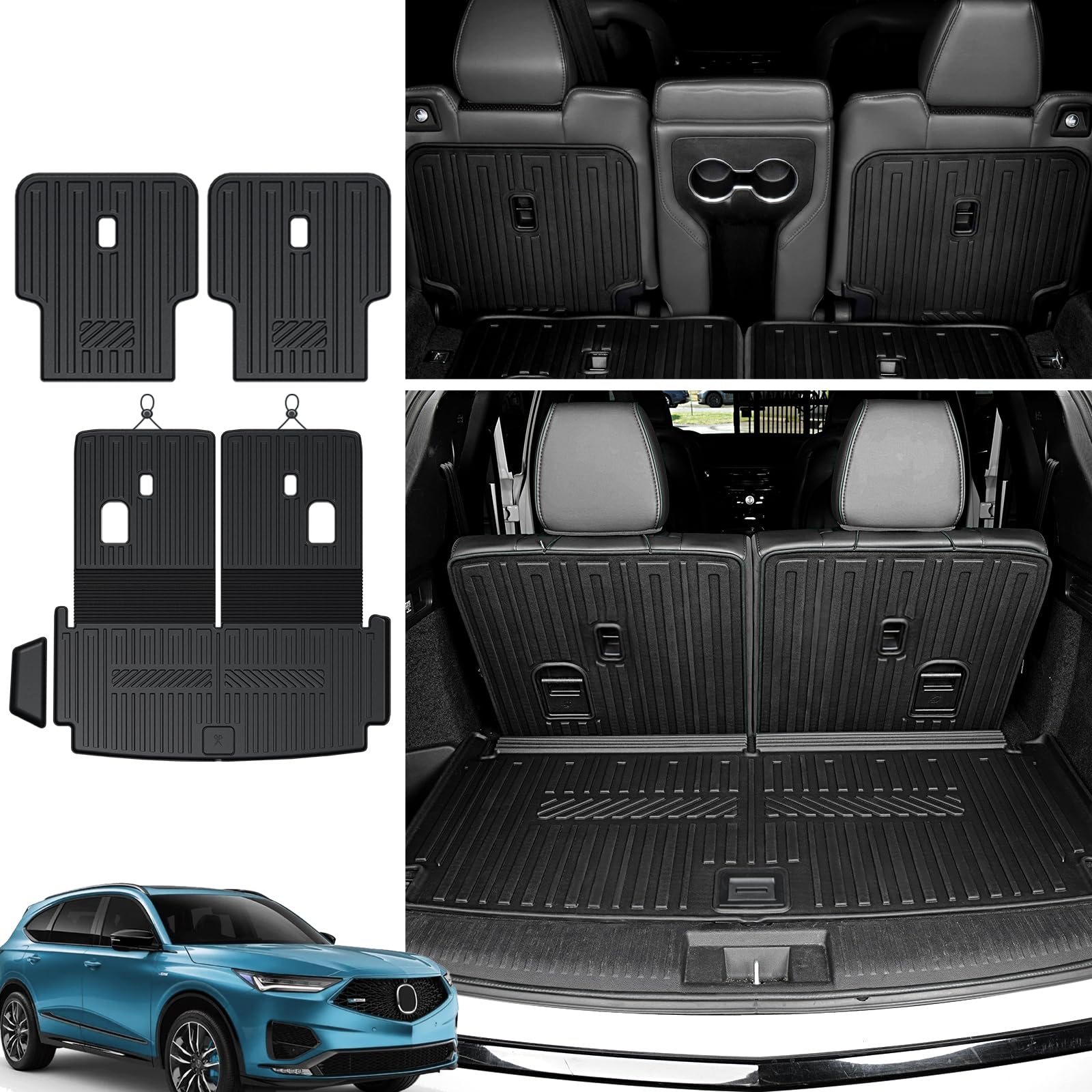 JOULARISE Kick Mats Cargo Mat with Backrest Mats 2-in-1 for Acura MDX 2022-2024 Accessories(Fit Upper Deck Only), All-Weather TPE Interior Protectors Cargo Liner Seat Back Cover