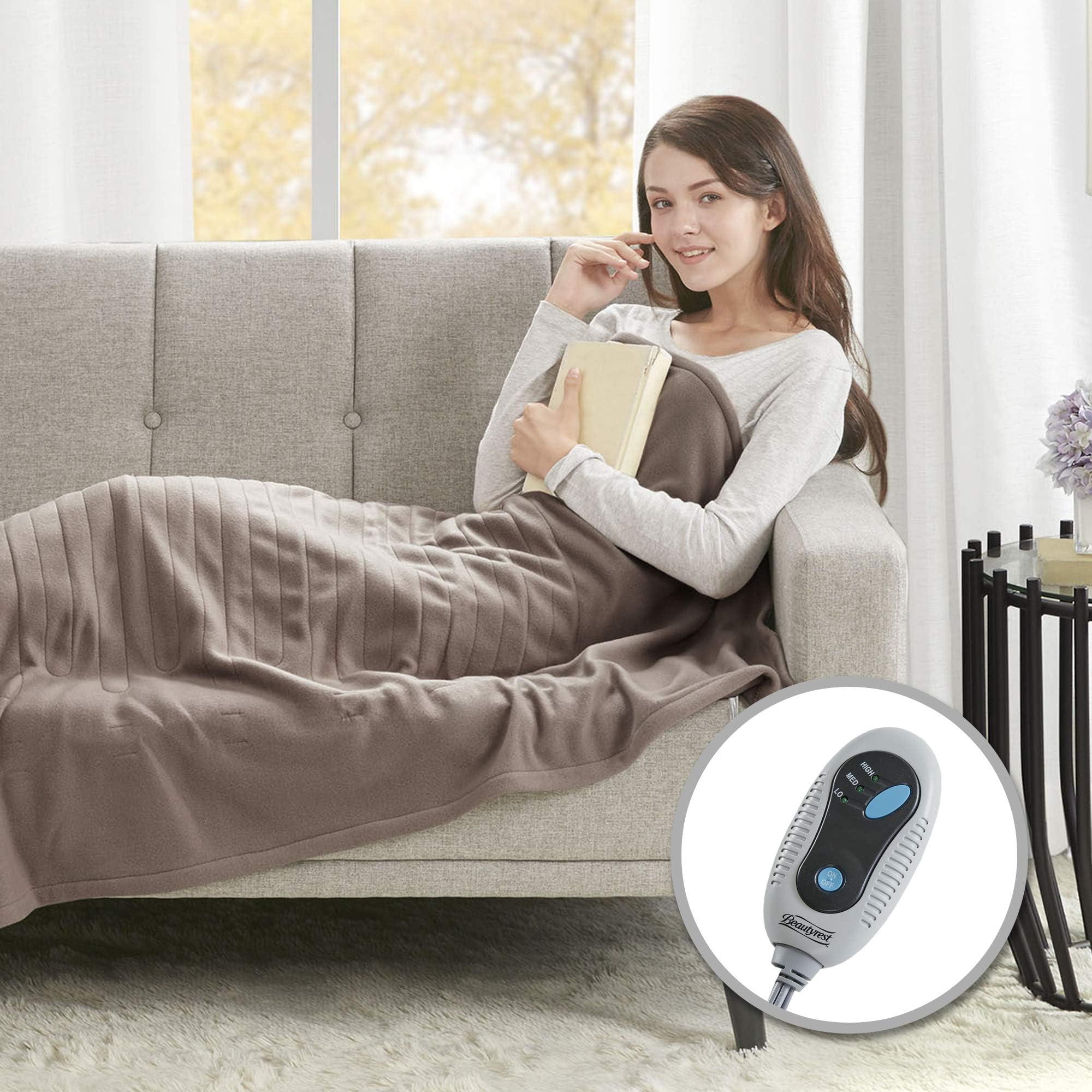 Beautyrest Fleece Electric Blanket Heated Throw Wrap Super Soft Hypoallergenic with Auto Shutoff-3-Setting Controller, 50 x 60 in, Brown