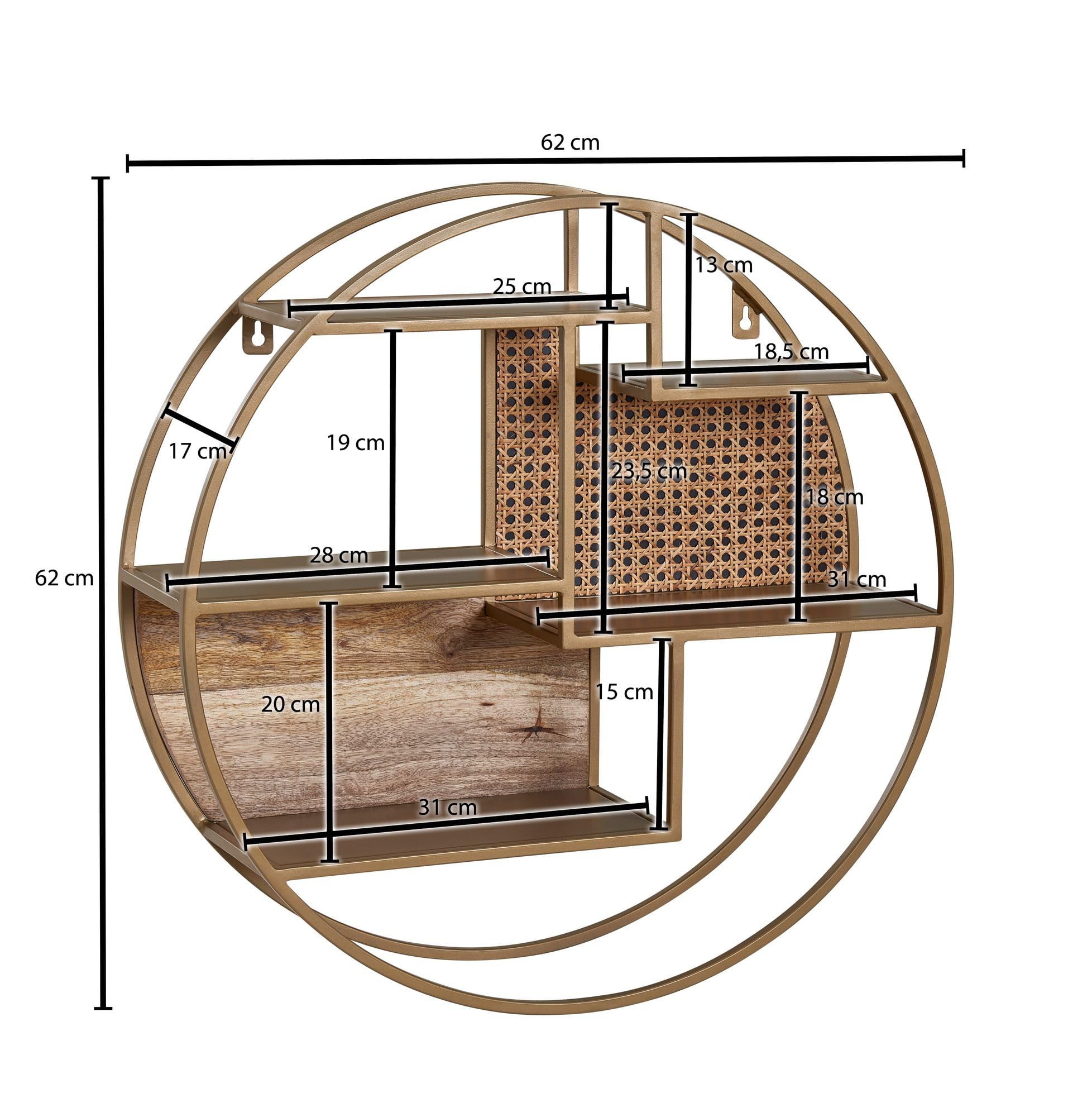 FineBuy Wandregal Rund 62x62x17 cm Massivholz Rattan, Hängeregal