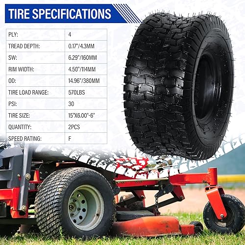 Miniatura 2 de MOTOOS Juego de 2 neumáticos de 4 capas de 15 x 6.00-6 para cortacésped y jardín, tractor, césped, sin cámara, carga máxima de 570 libras