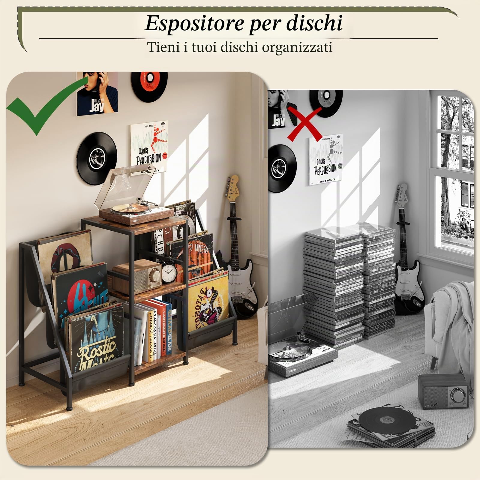 CAIYUN Giradischi Da Tavolo A 3 Livelli: Supporto Per 280 LP In Legno E Metallo, Con Espositori