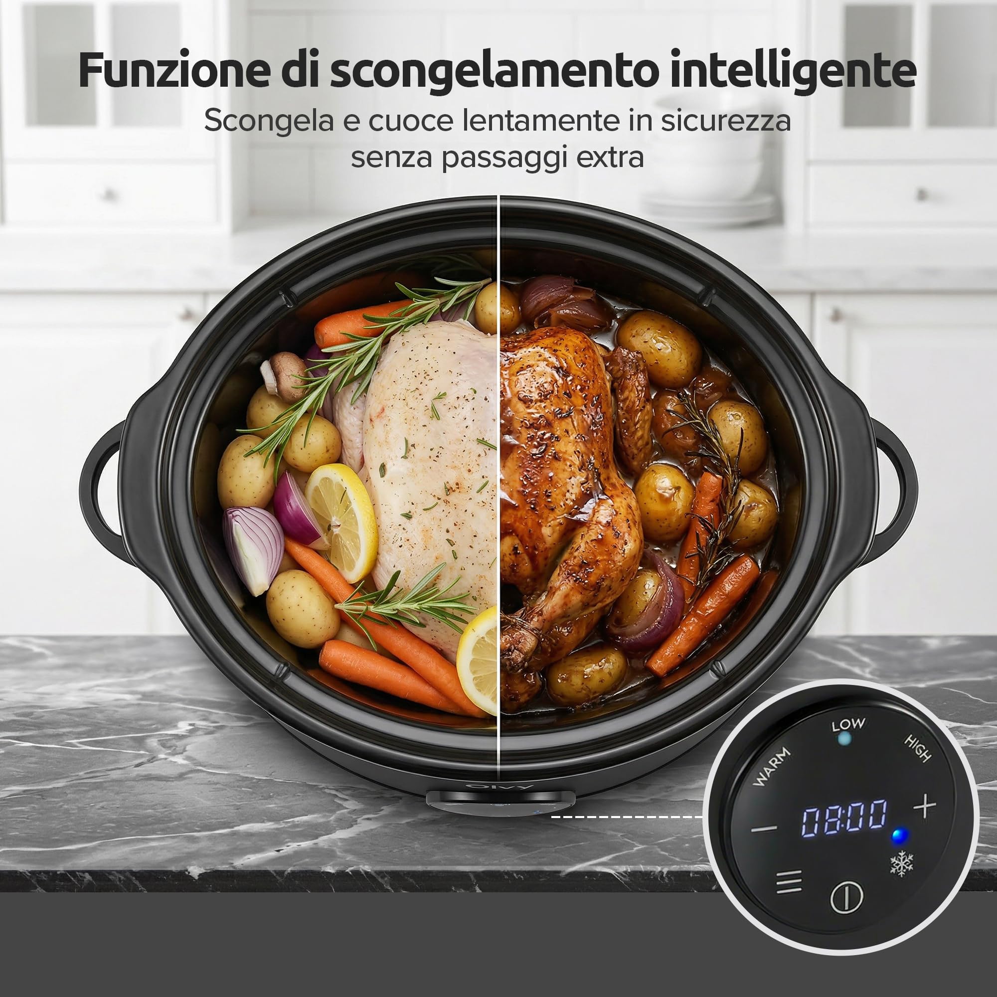Olvy Slow Cooker - Casseruola digitale da 6 l, con timer, touch screen, funzione di scongelamento, timer 24 ore, 3 livelli, famiglia Meal Prep
