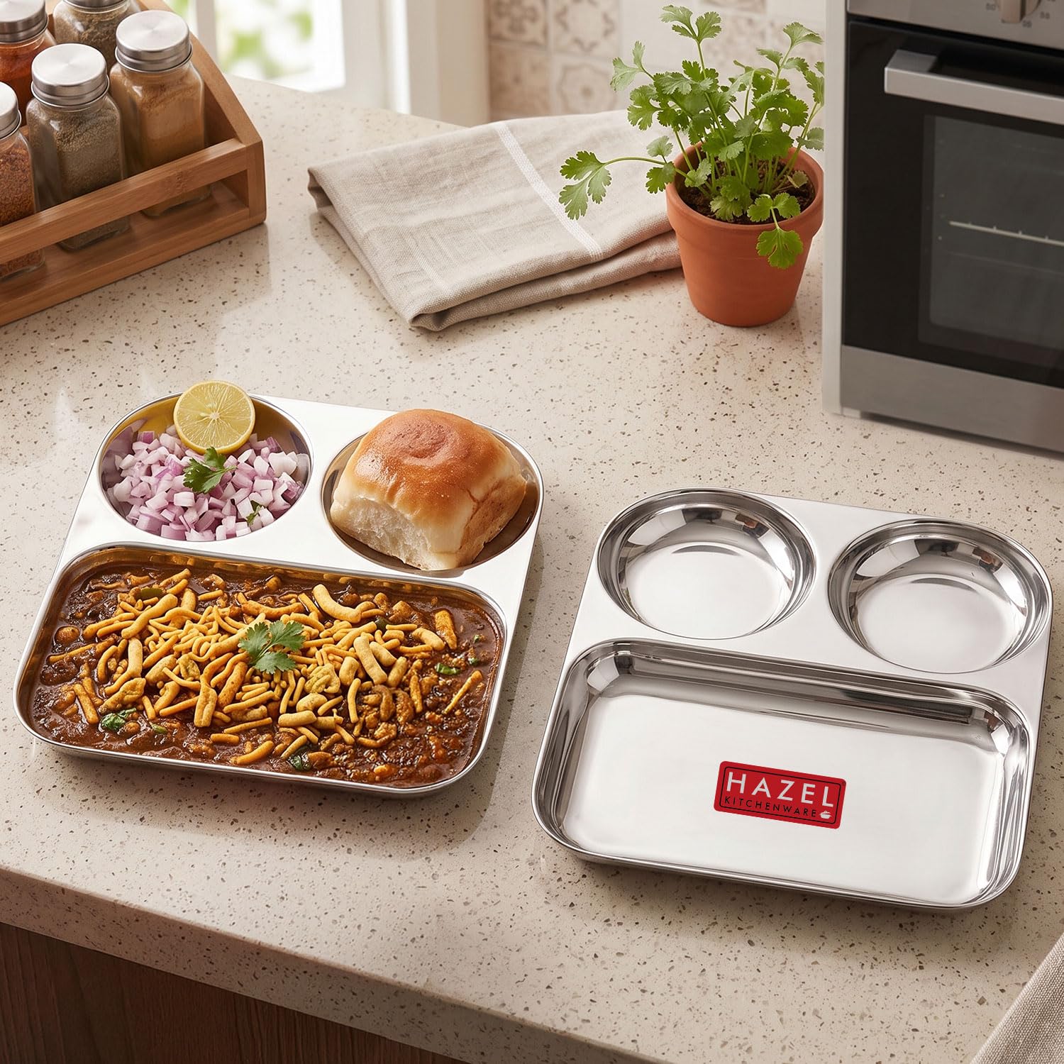 HAZEL 3 in 1 Plate Stainless Steel Pav Bhaji Plate Set of 2 Mess Tray-picture-44