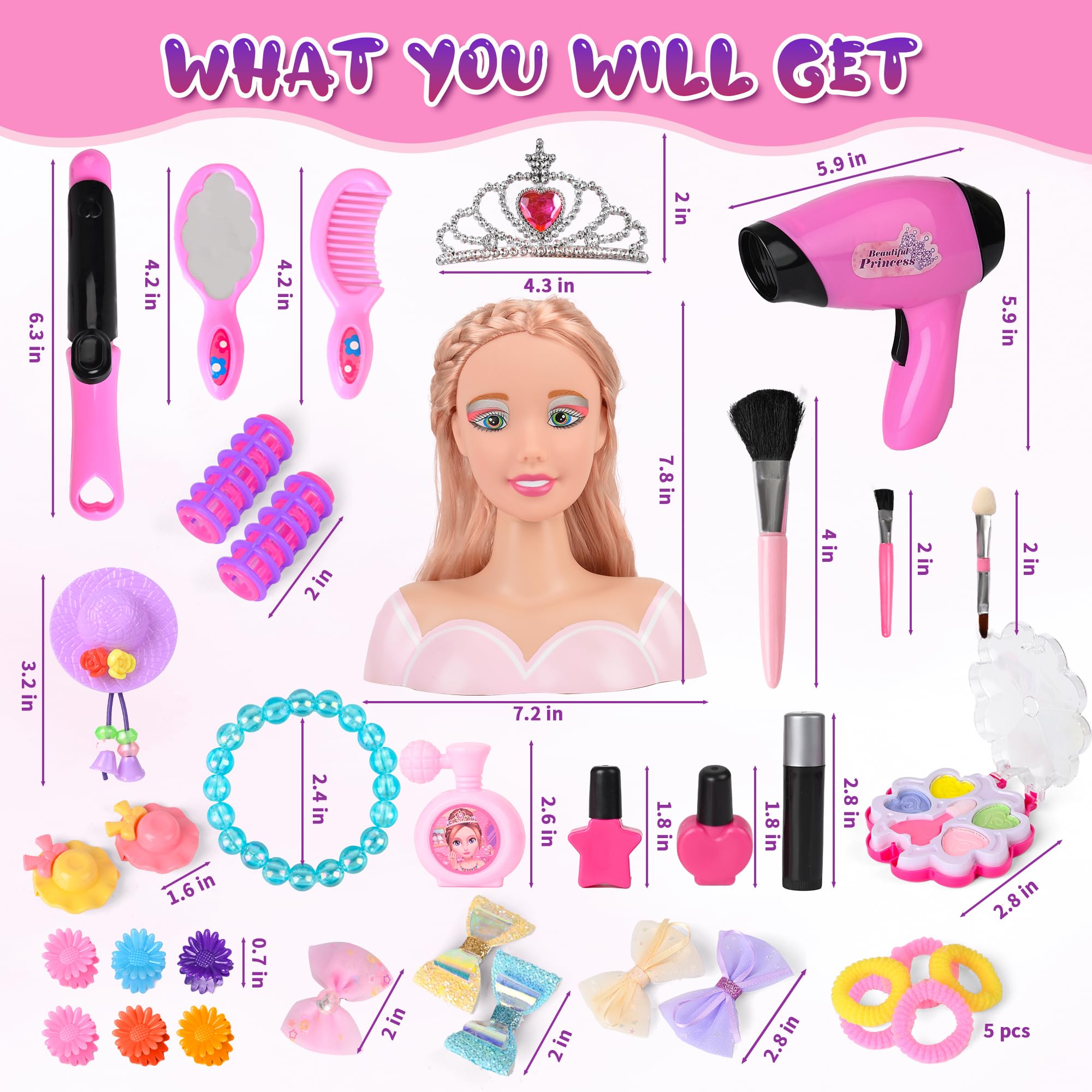36PCS Doll Head Hair Styling Makeup Toy Set Kids Pretend Play Styling Set with Hairdryer Curling Iron Crown Accessories Beauty Stylist Kit Gifts for 3 4 5 6+ Years Old