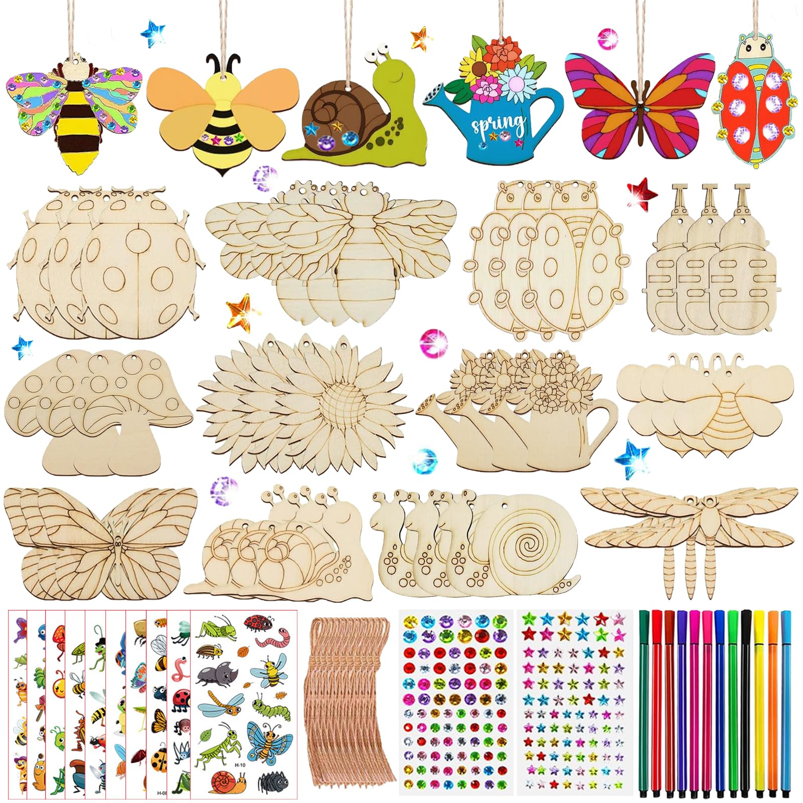 288Pcs Holztiere Bastelset für Kinder, Mit 36 Holz, 202 Strasssteine, 36 Seile, 12 Farbstifte, 2 Aufkleber - DIY Handwerk für Mädchen/Jungen
