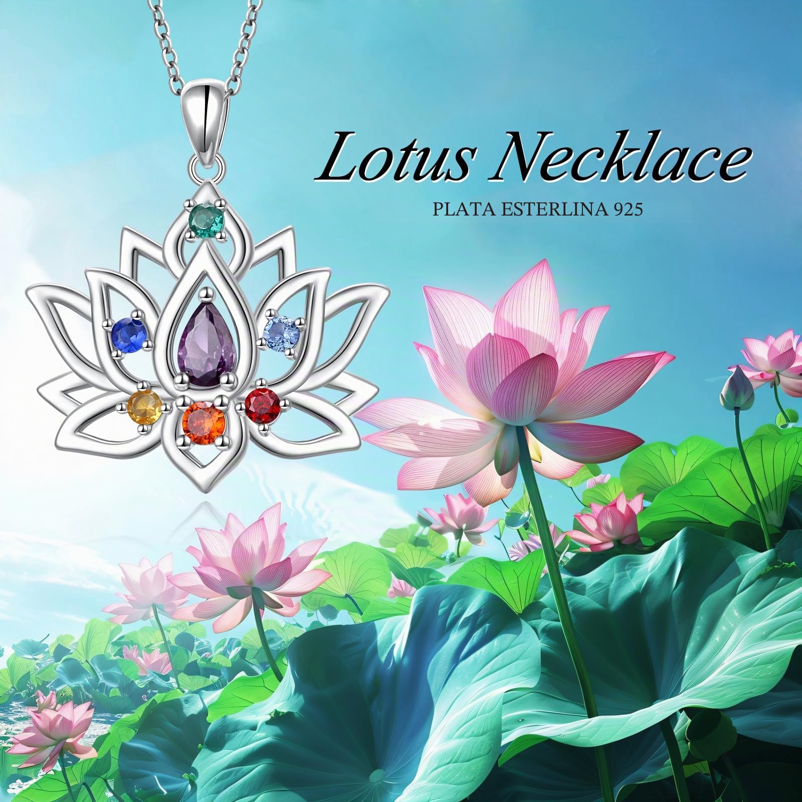 Flyow Juego de joyas Lotus Chakra de plata de ley 925 con 7 chakras, pendientes y collar de yoga, flor de loto, regalo para mujer, 0,87*1,03 Zoll, Plata esterlina
