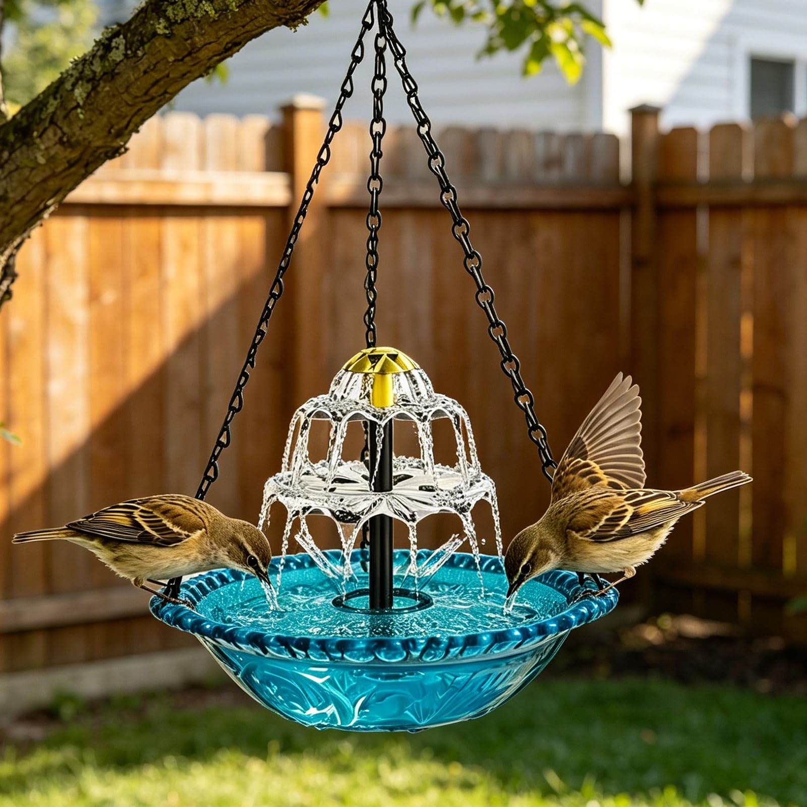 Bain d'oiseaux suspendu avec fontaine solaire, bain d'oiseaux à 3 niveaux avec eau courante, bain d'oiseaux solaire pour jardin, balcon, terrasse, bleu, chaînes en métal pour décoration et soin des
