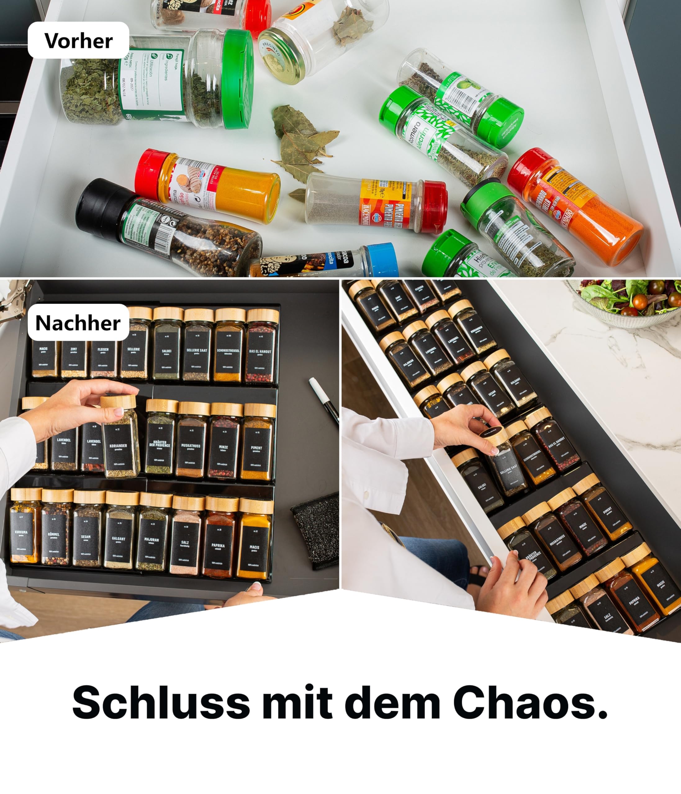 Deco haus® Gewürzregal Schublade [MIT 24 GEWÜRZGLÄSER & ETIKETTEN] - Gewürze Organizer - Gewürzeinsatz Schublade - Gewürzschublade Organizer mit Gläser - Schubladeneinsatz Gewürze