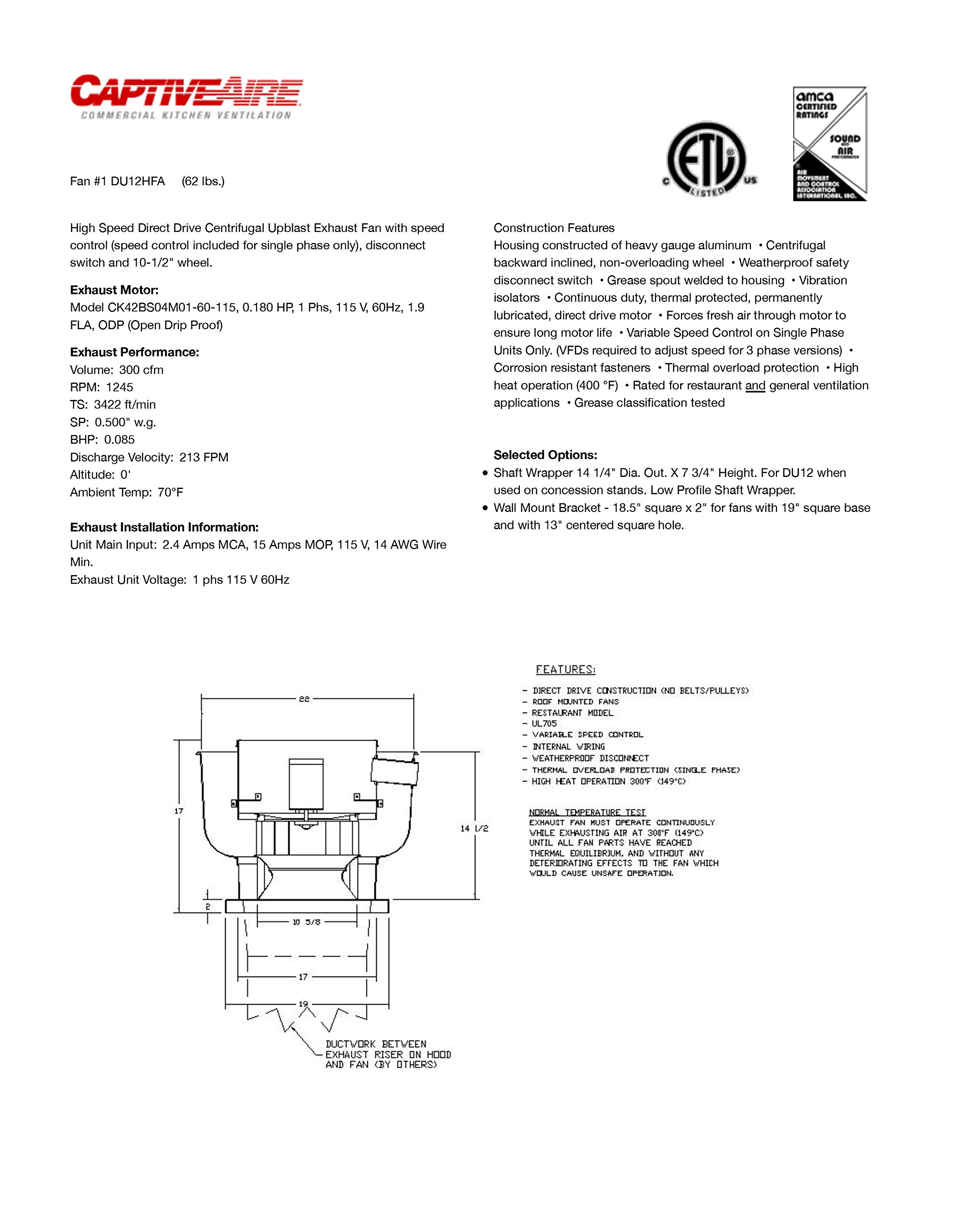 Low Profile Grease Rated Food Truck Exhaust Fan- High Speed Direct Drive Centrifugal Upblast Exhaust Fan with speed control- 19 Fan Base 0.180 HP 115 Volt Single Phase Motor 100-500 CFM DU12H product thumbnail 6