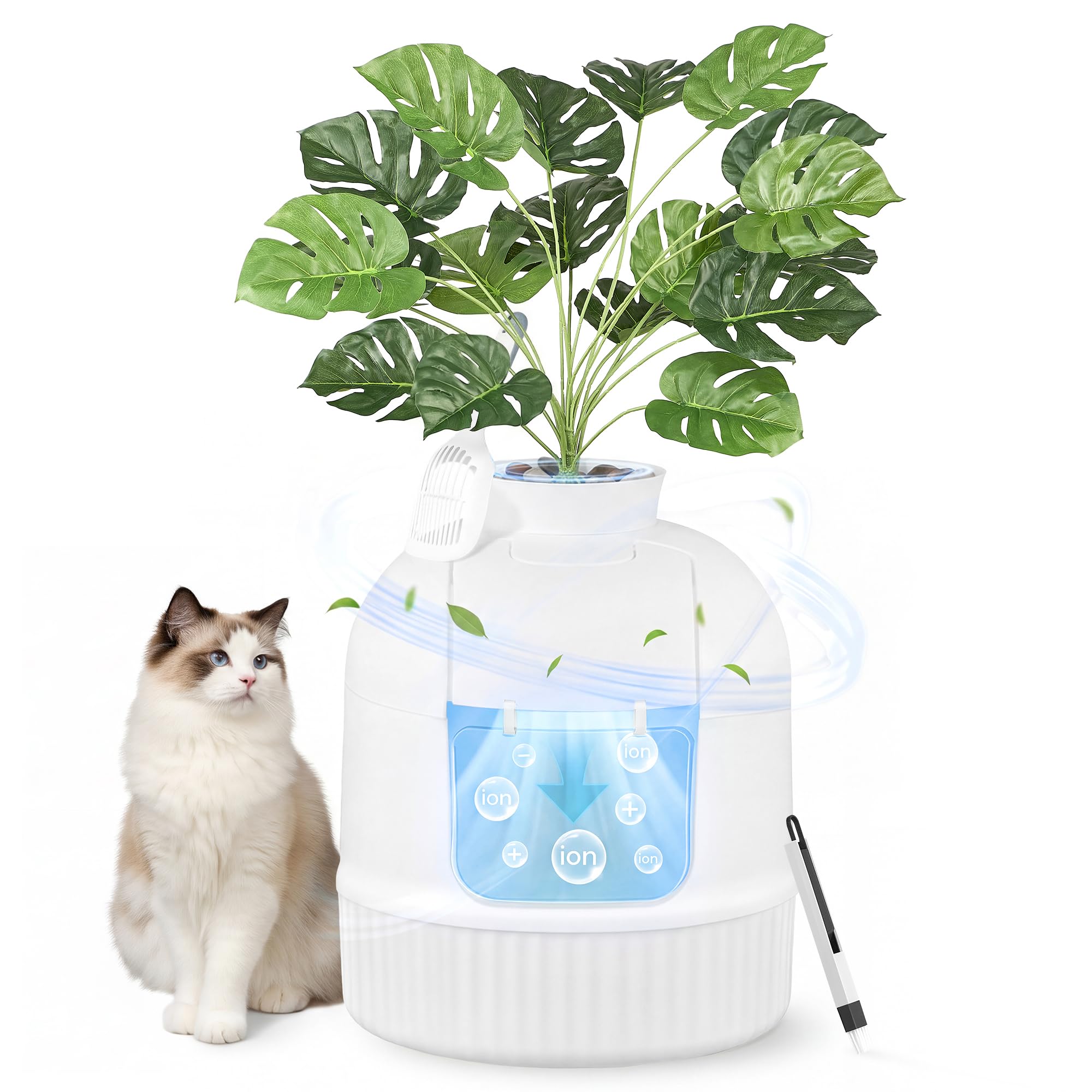 Feandrea Plant Cat Litter Box Enclosure with Artificial Plant, Enclosed Hidden Litter Box Furniture with Door, Carbon Filter, Odor Control, Pebbles, Scoop, Brush, Cloud White UPPT006W101