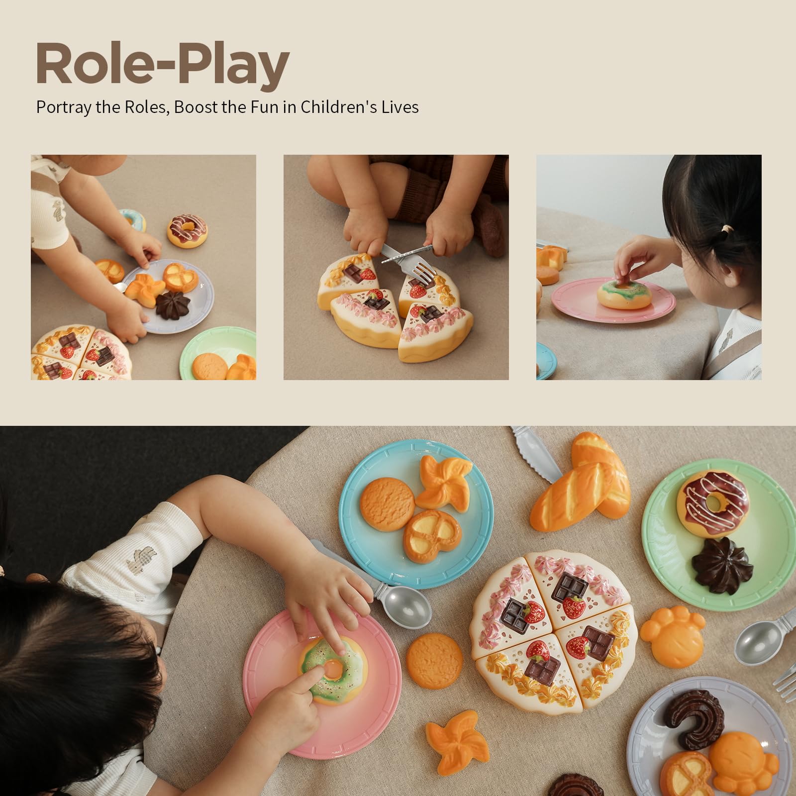 Comida de juguete para niños pequeños, juguetes de simulación para niños pequeños con pasteles de postre y accesorios de cocina, juego educativo y educativo de fiesta de té para niñas de 3 3