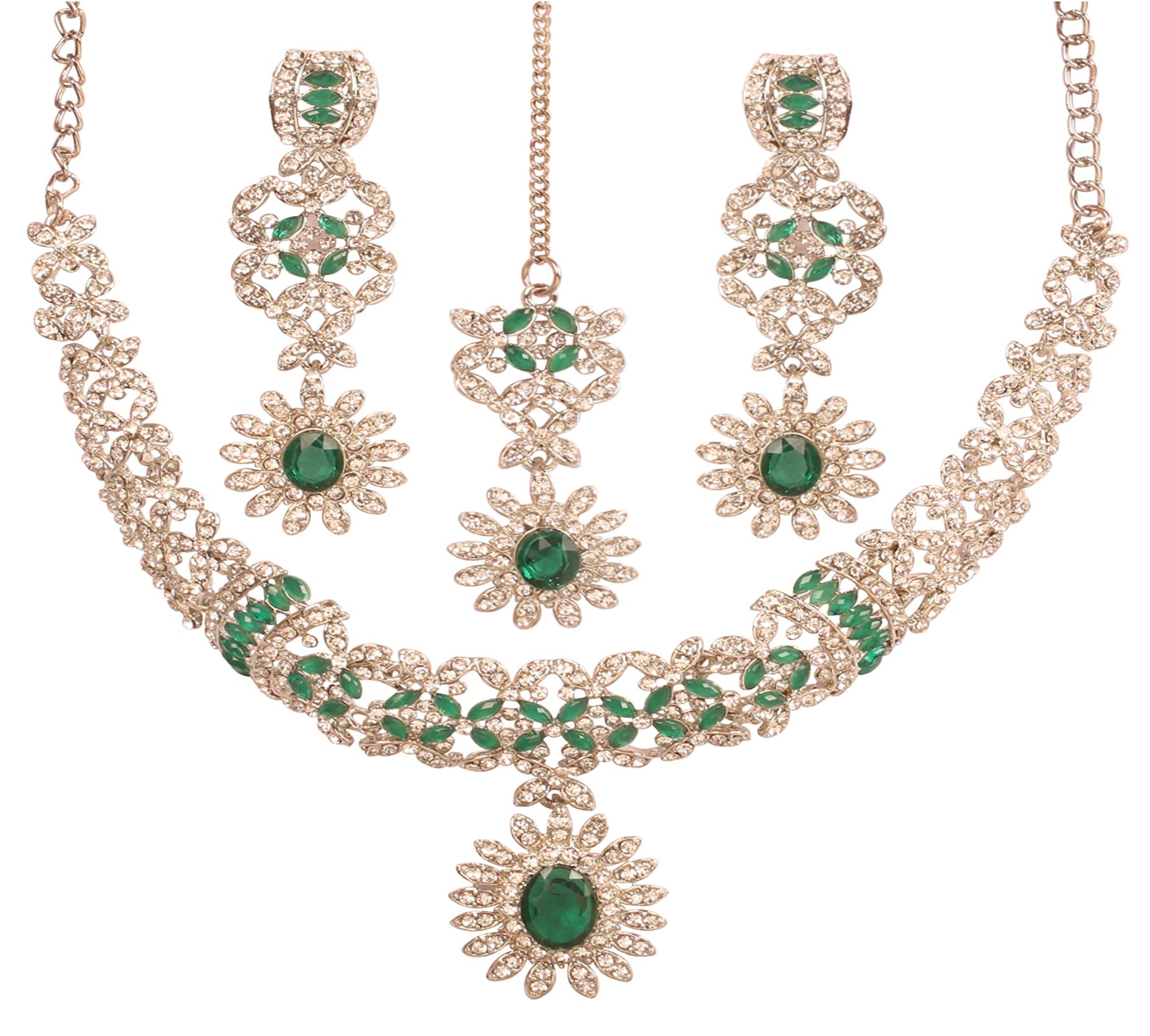 TouchstoneNEW Indian Bollywood Bollywood Desire Traditional Illustrious Filigree Sparkling Green Rhinestones Charming Look Designer Jewelry Necklace Set In Silver Tone For Women.