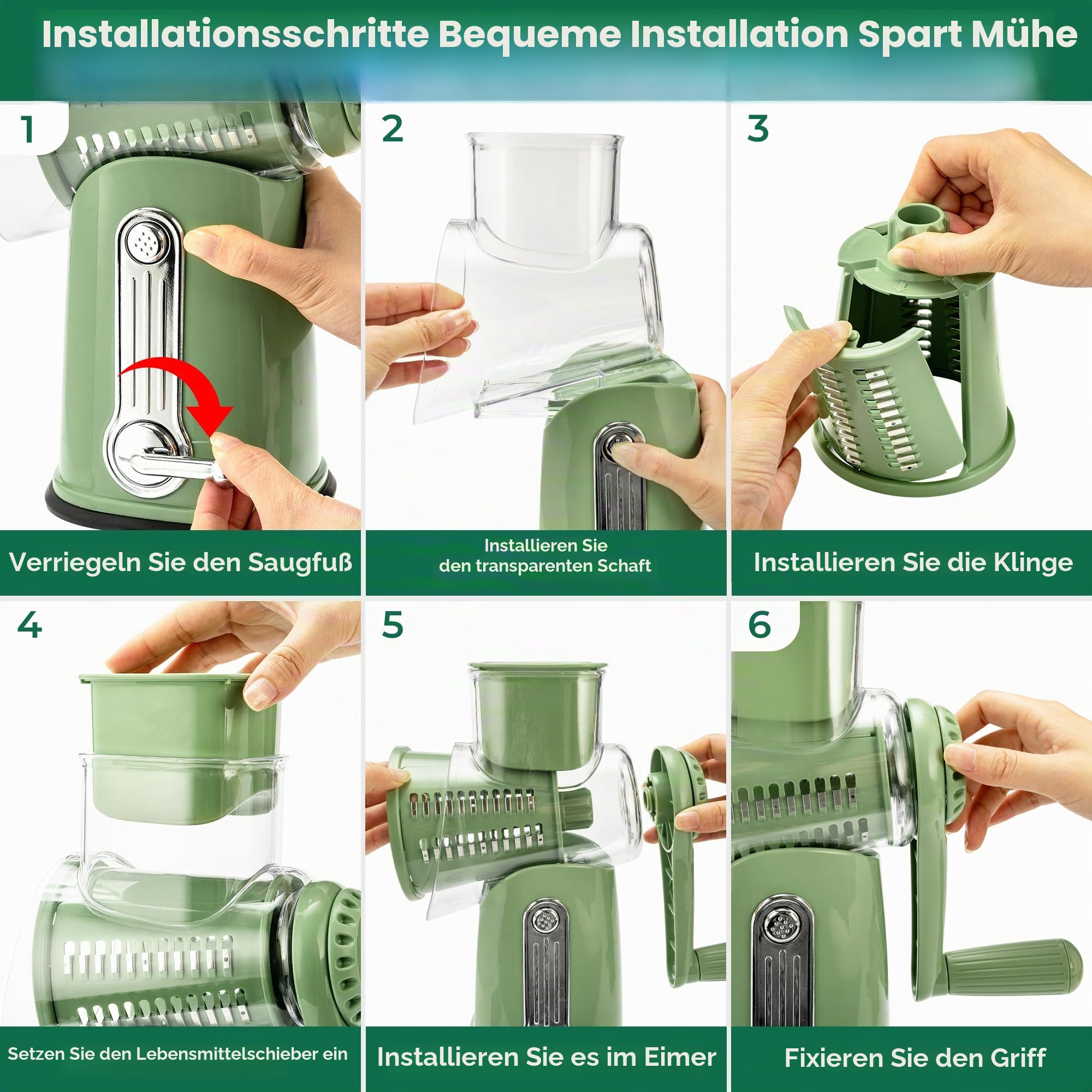 SUSTEAS Käsereibe mit Kurbel - Reibe für Gemüse mit 5 Trommelblättern, Starkem Saugfuß, Gemüseschneider,ideal für Käse,Gurken, Karotten,Nüsse,Gemüse usw, mit Klingenaufbewahrungsbox (Retro-Grün)