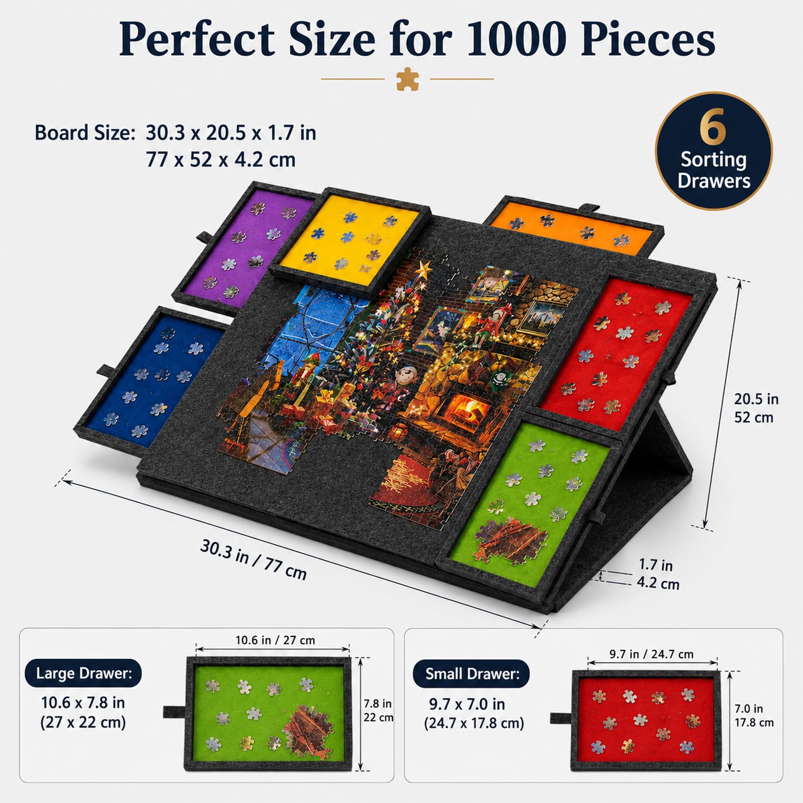 Plateau de Puzzle inclinable, 1000 pièces, 6 tiroirs, Couvercle | Support 2-en-1, surface en feutre ultralégère, rangement par couleurs, transport facile, pour adultes