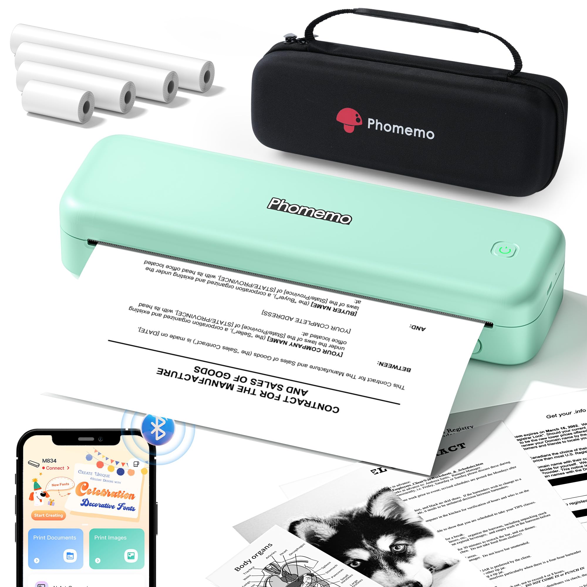 Phomemo M834 Stampante Portatile A4, Stampante Termica Portatile, Connessione Bluetooth e USB, Supporta Carta Termica A4, Con Custodia per il Trasporto e 4 Rotoli di Carta Termica, Verde
