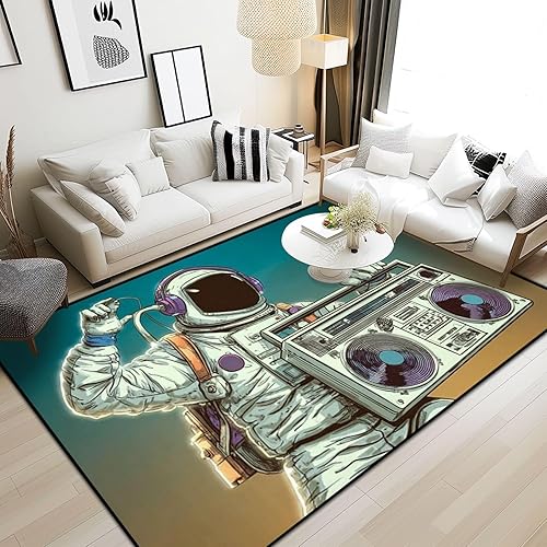 Miniatura 6 de Alfombra lavable de astronauta, Boombox, audio y música, arte retro, de 6 x 9 pies, alfombra grande antideslizante que no desprende pelusa, alfombra
