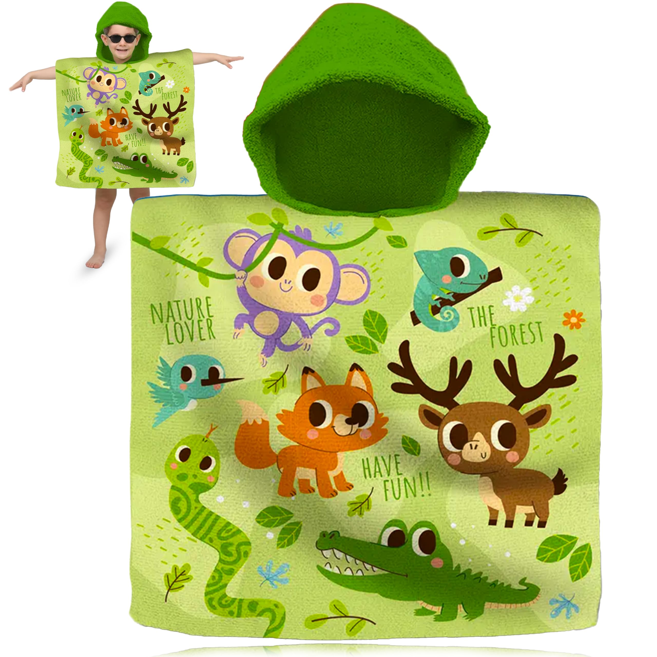 Srv Hub Unisex Kids Into The Forest Hooded Poncho Towel 120X60cm | Cotton Beach Robe | Eco Animal Print Bathrobe For Kids Age 3-6 | Soft Towel For Pool, Beach & Holidays