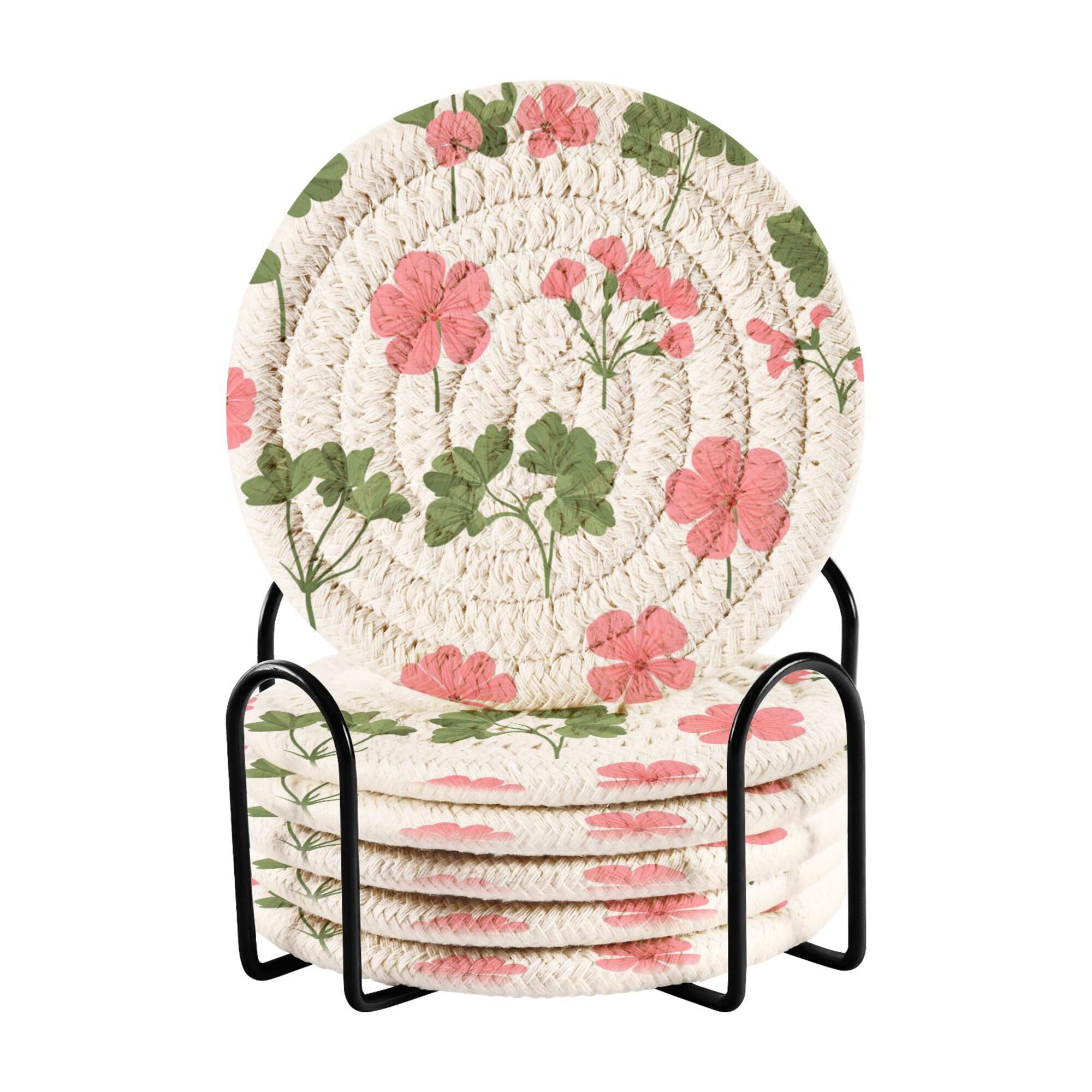 Cartoon Geranium White Cotton Rope Coasters with Holder Set of 6 Absorbant Coasters